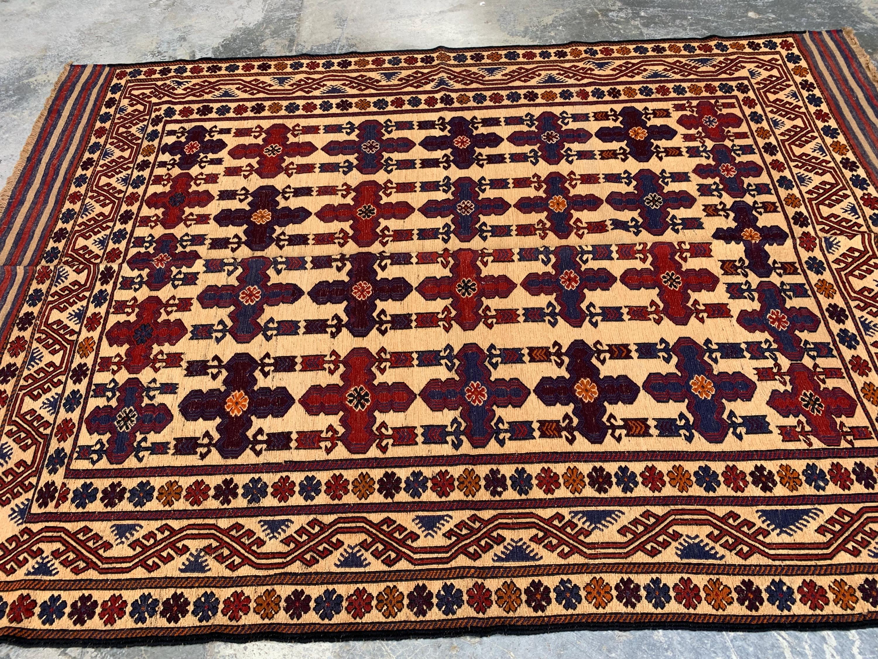 4x6ft Vintage Tribal Kilim Rug – Handwoven Wool Rug | Afghan Nomadic Carpet | Red, Indigo, Beige Geometric Pattern | Boho Decor 192x138 cm