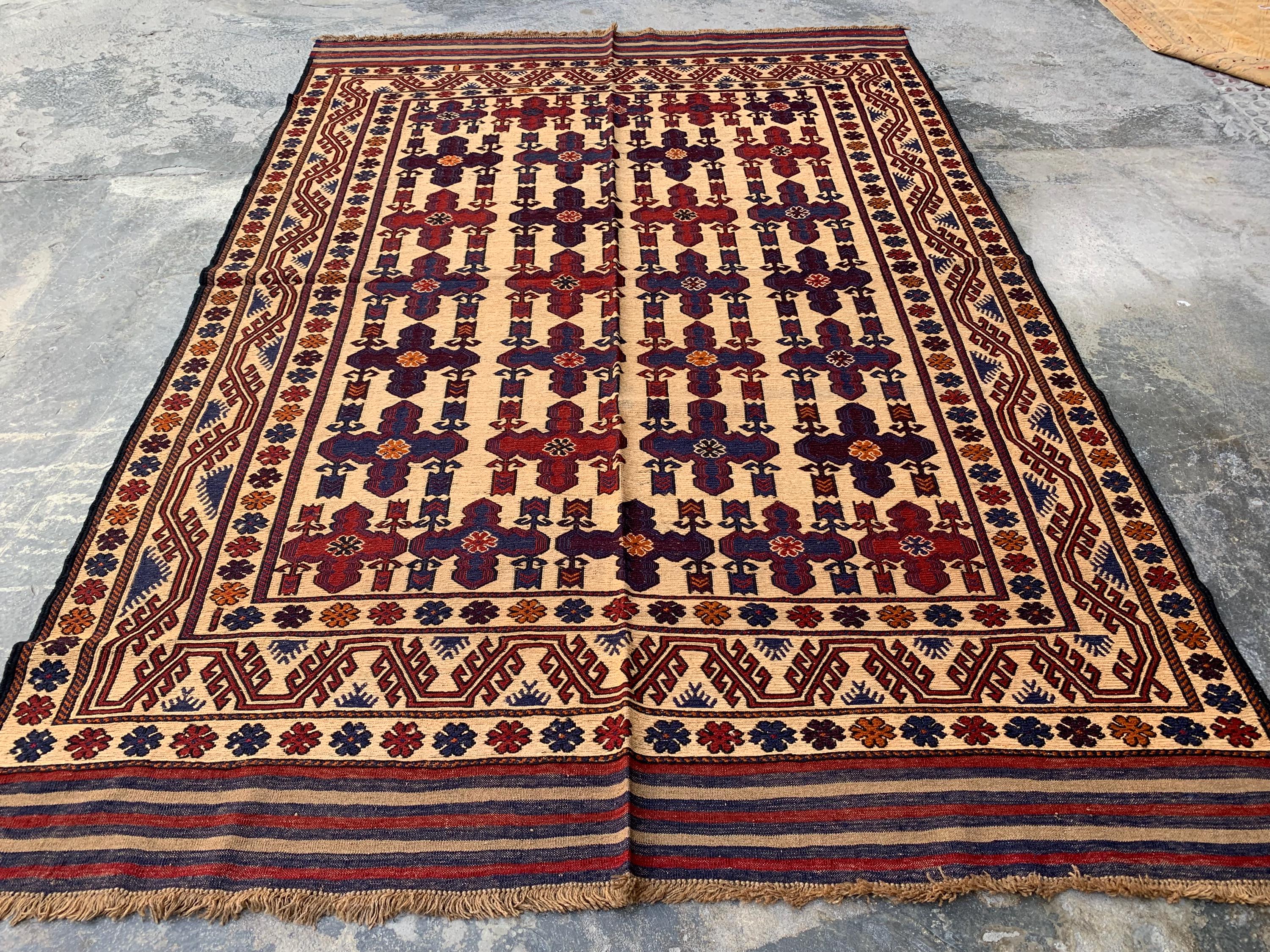 4x6ft Vintage Tribal Kilim Rug – Handwoven Wool Rug | Afghan Nomadic Carpet | Red, Indigo, Beige Geometric Pattern | Boho Decor 192x138 cm