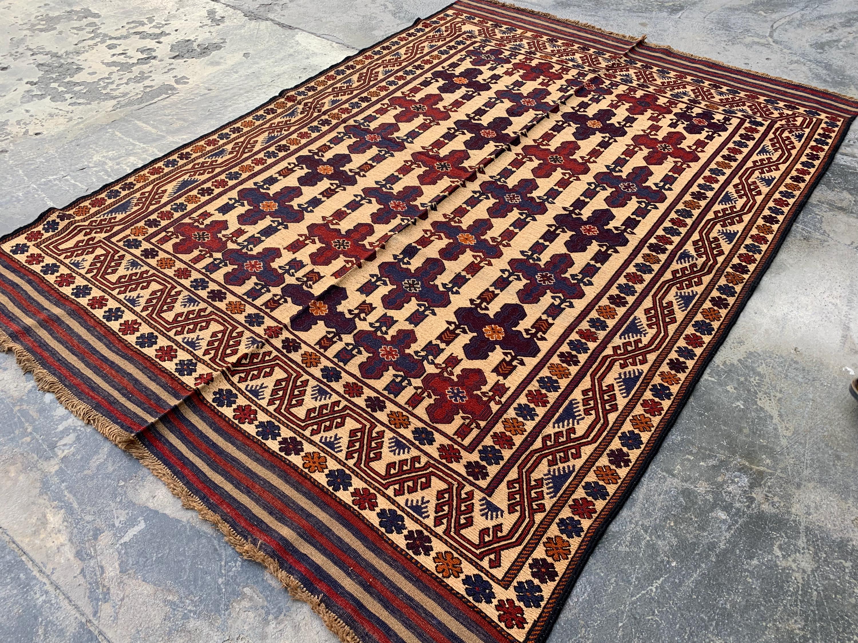 4x6ft Vintage Tribal Kilim Rug – Handwoven Wool Rug | Afghan Nomadic Carpet | Red, Indigo, Beige Geometric Pattern | Boho Decor 192x138 cm