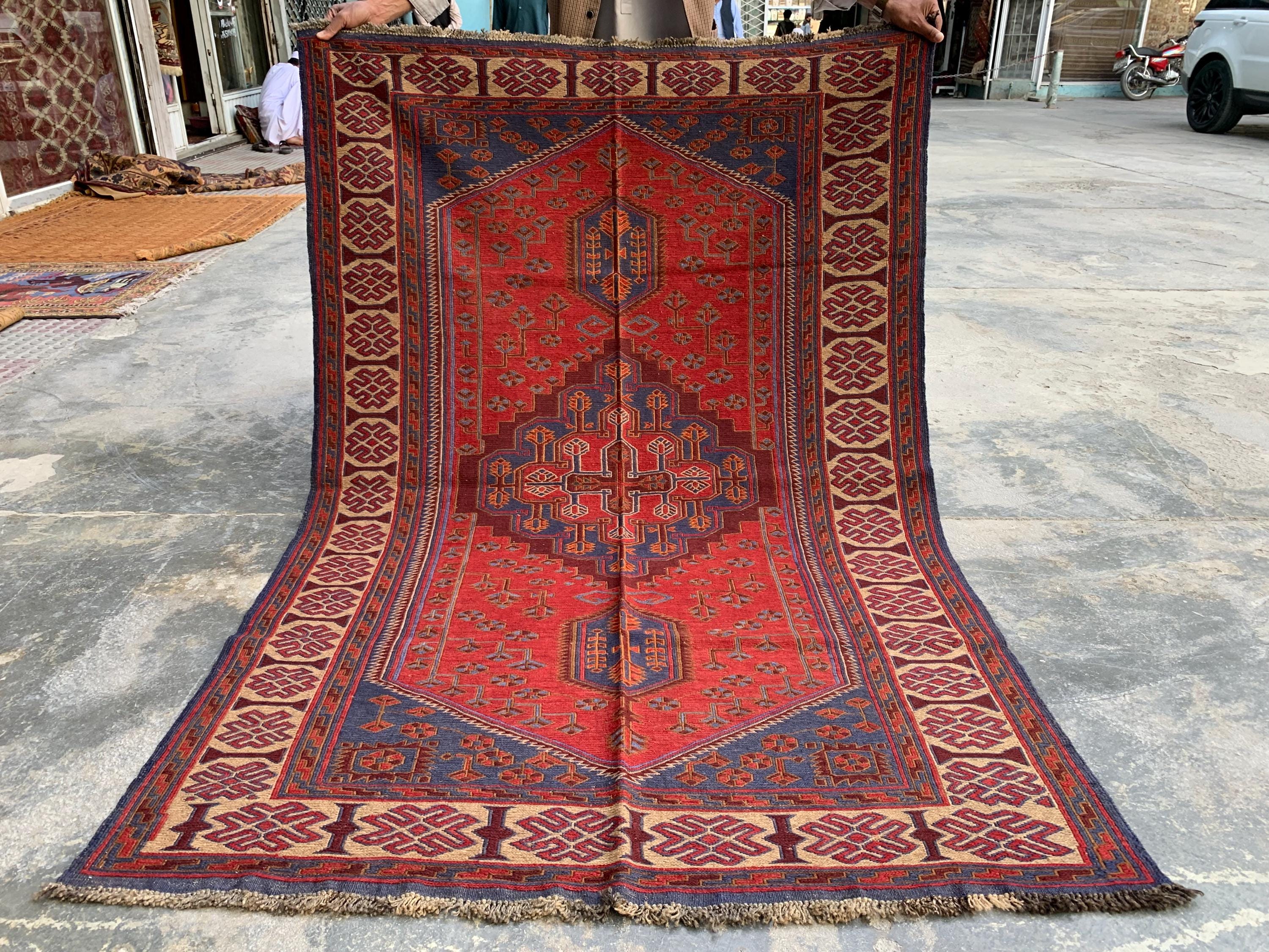 4x6ft Kitchen Rug Vintage Tribal Kilim Rug – Handwoven Wool Rug | Afghan Nomadic Carpet | Geometric Pattern | Boho Decor, Hallway Rug