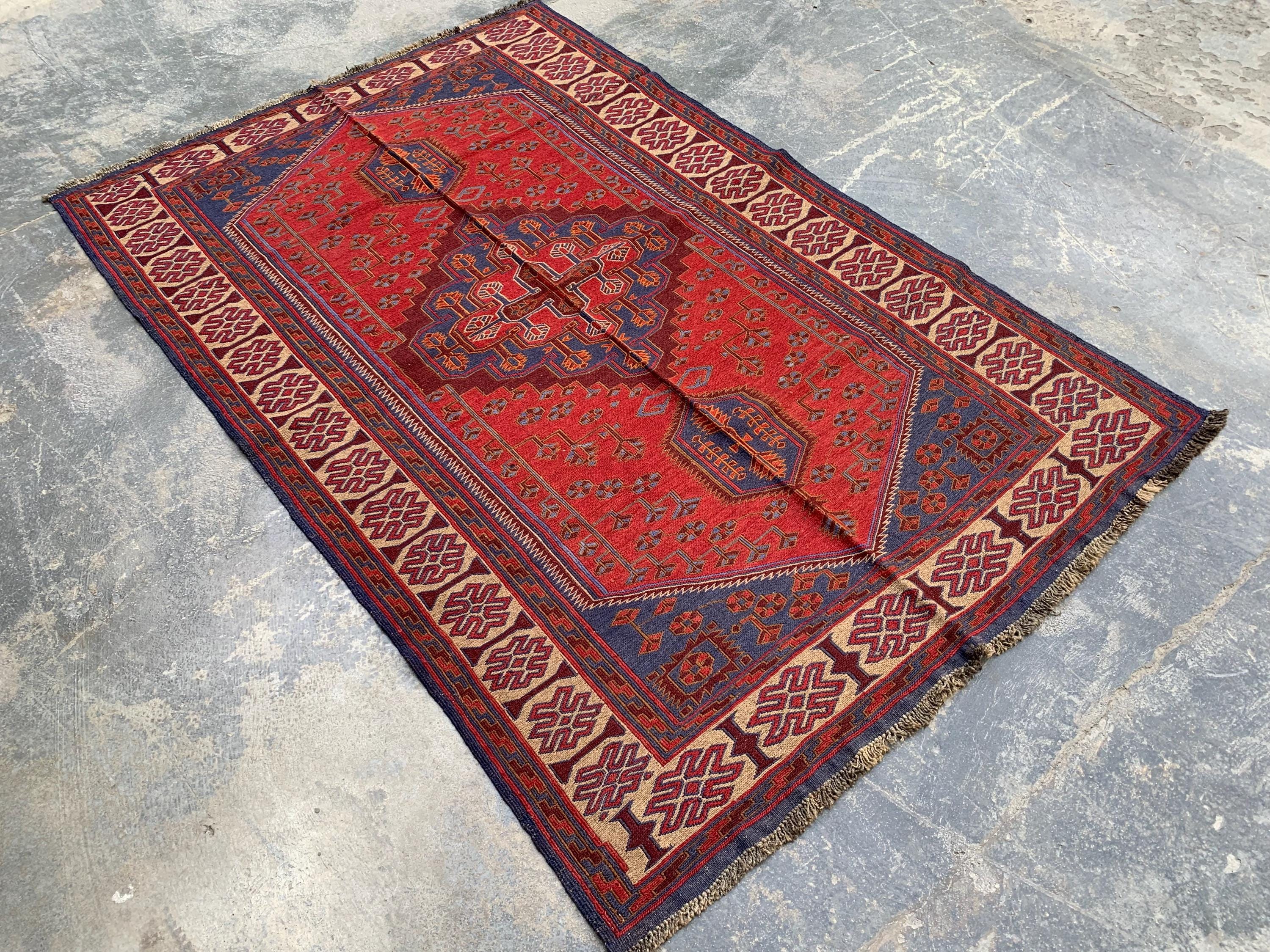 4x6ft Kitchen Rug Vintage Tribal Kilim Rug – Handwoven Wool Rug | Afghan Nomadic Carpet | Geometric Pattern | Boho Decor, Hallway Rug