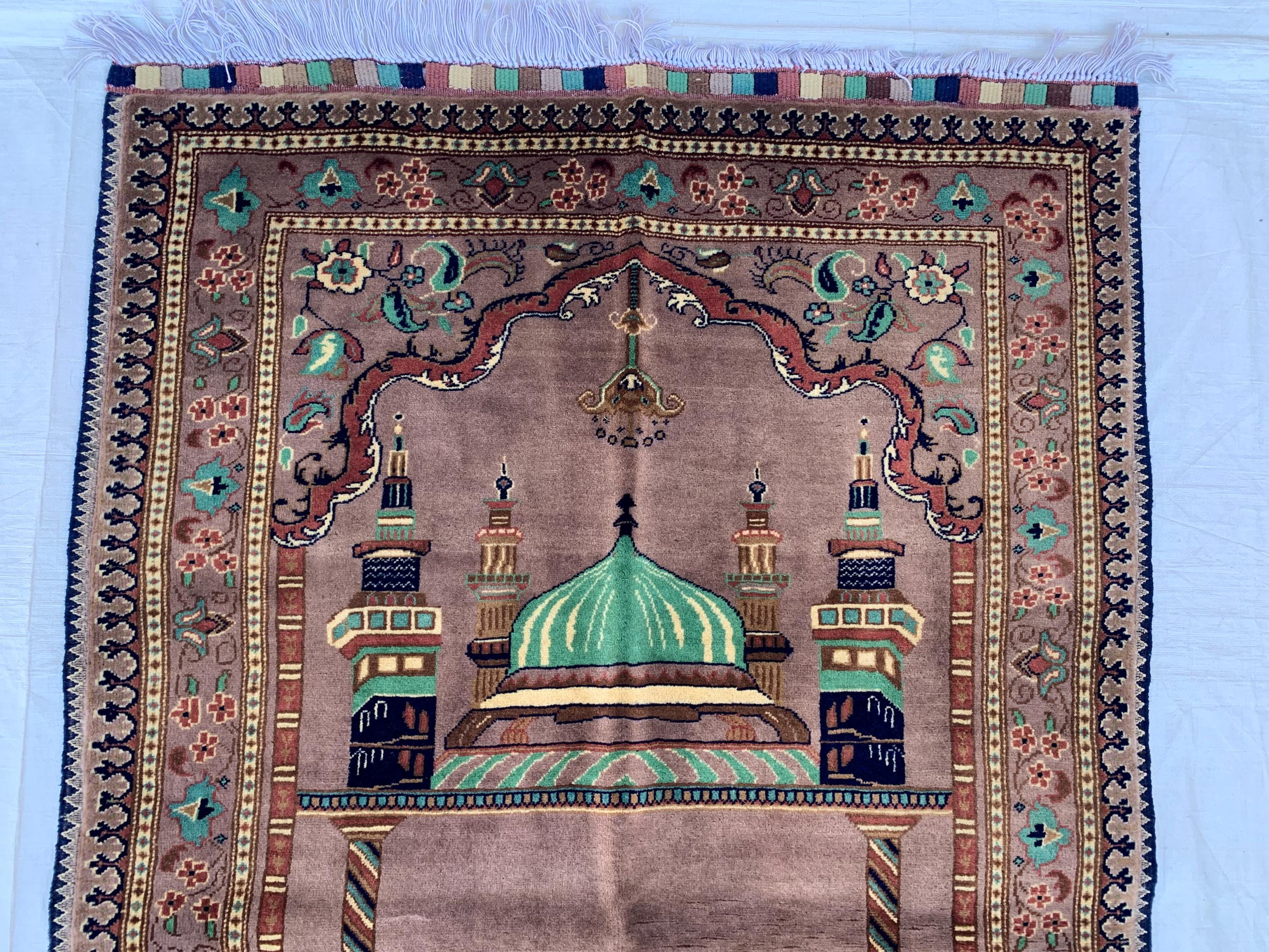 Handmade Turkmen Bukhara Beljik Prayer Rug 4.5x2.11 ft – Vintage Wool Islamic Mat, Red Tribal Design, Muslim Prayer Carpet, Hajj Gift