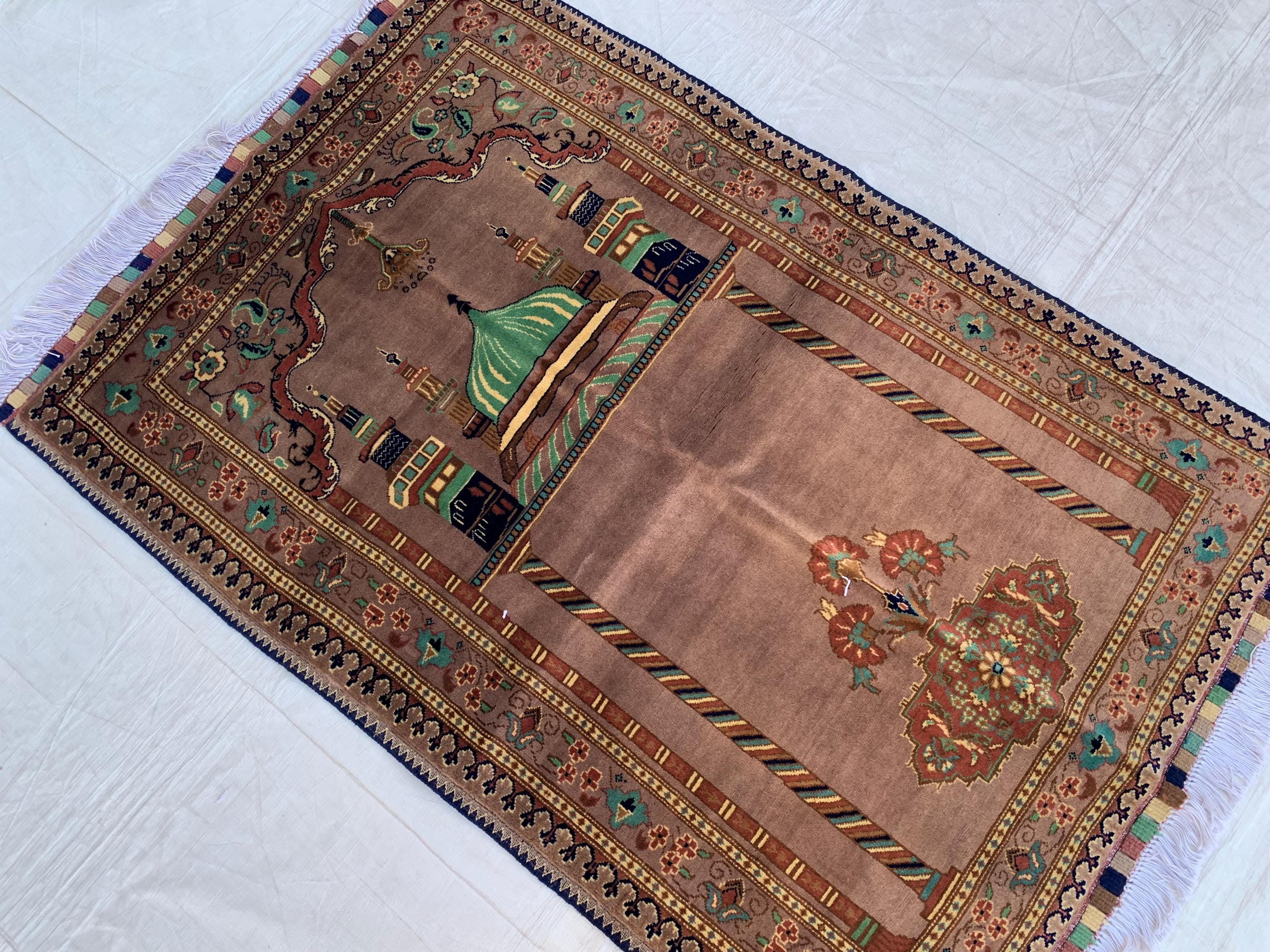 Handmade Turkmen Bukhara Beljik Prayer Rug 4.5x2.11 ft – Vintage Wool Islamic Mat, Red Tribal Design, Muslim Prayer Carpet, Hajj Gift