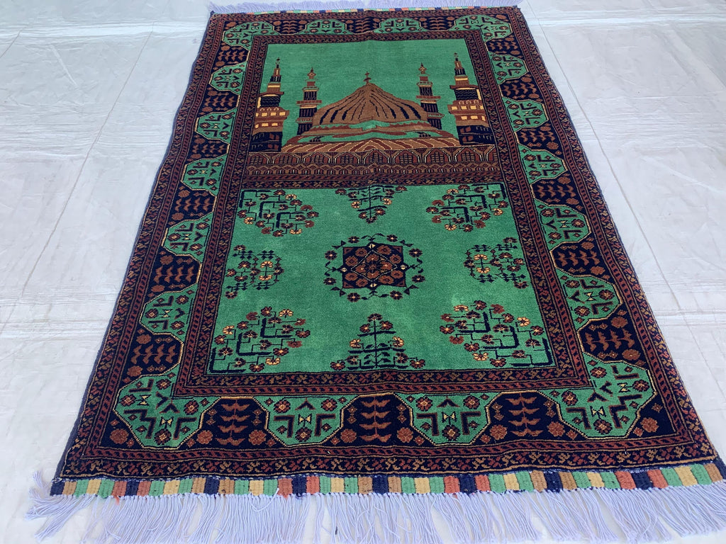 Rich Green Handmade Bukhara Beljik Prayer Rug 4.6x2.11 ft – Vintage Wool Islamic Mat, Red Tribal Design, Muslim Prayer Carpet, Hajj Gift