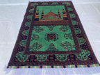Rich Green Handmade Bukhara Beljik Prayer Rug 4.6x2.11 ft – Vintage Wool Islamic Mat, Red Tribal Design, Muslim Prayer Carpet, Hajj Gift