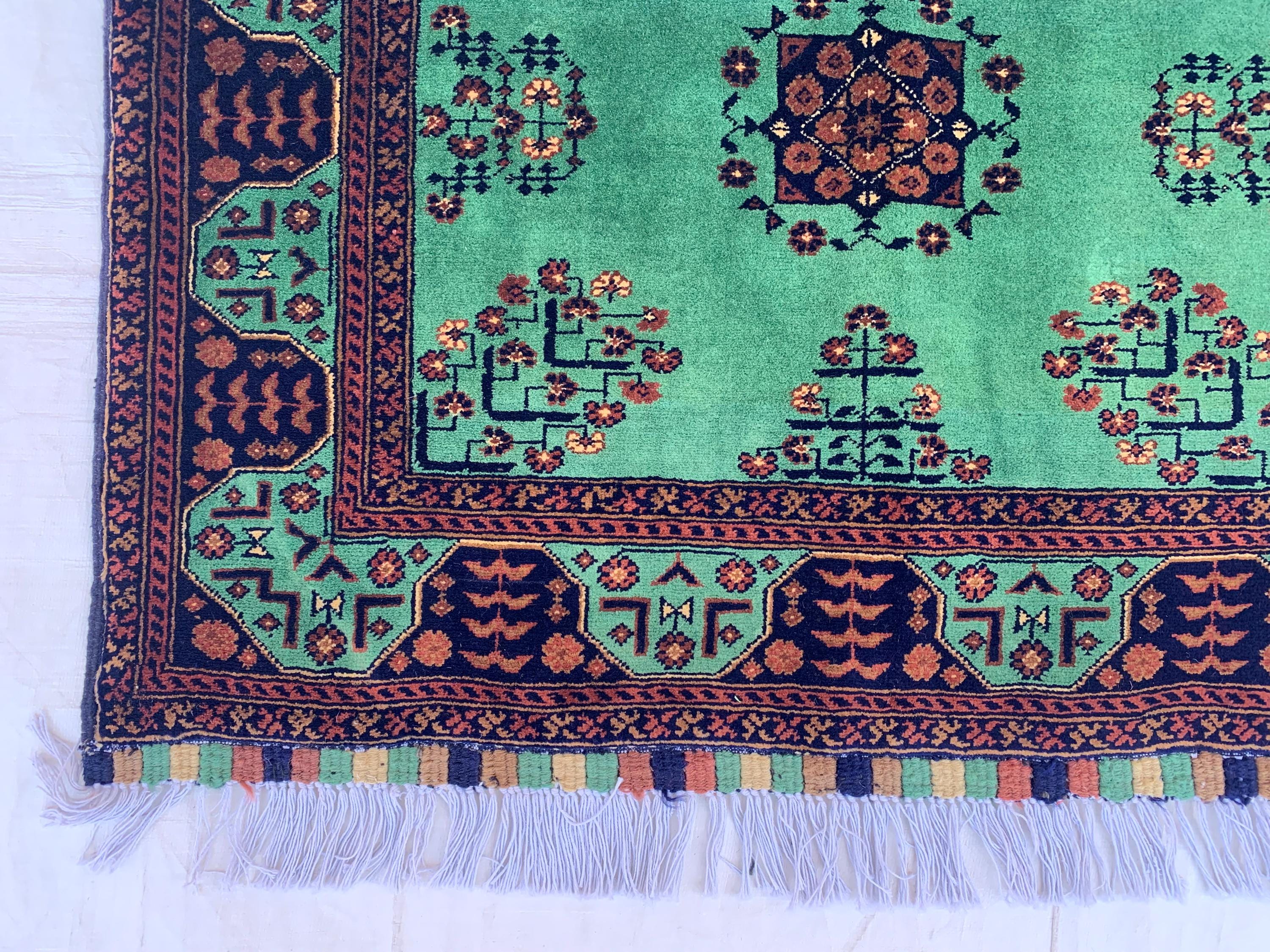 Rich Green Handmade Bukhara Beljik Prayer Rug 4.6x2.11 ft – Vintage Wool Islamic Mat, Red Tribal Design, Muslim Prayer Carpet, Hajj Gift