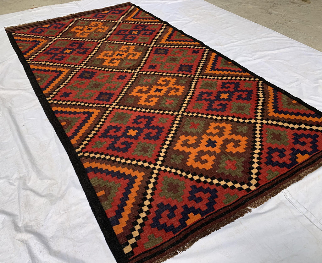 Vintage Kilim Rug 10.1x5.3 ft – Handwoven Wool Area Rug, Boho Tribal Carpet, Geometric Flatweave Runner, Red and Burnt Orange Turkmen Kilim