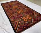 Vintage Kilim Rug 10.1x5.3 ft – Handwoven Wool Area Rug, Boho Tribal Carpet, Geometric Flatweave Runner, Red and Burnt Orange Turkmen Kilim