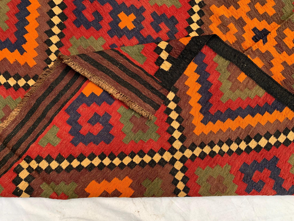Vintage Kilim Rug 10.1x5.3 ft – Handwoven Wool Area Rug, Boho Tribal Carpet, Geometric Flatweave Runner, Red and Burnt Orange Turkmen Kilim