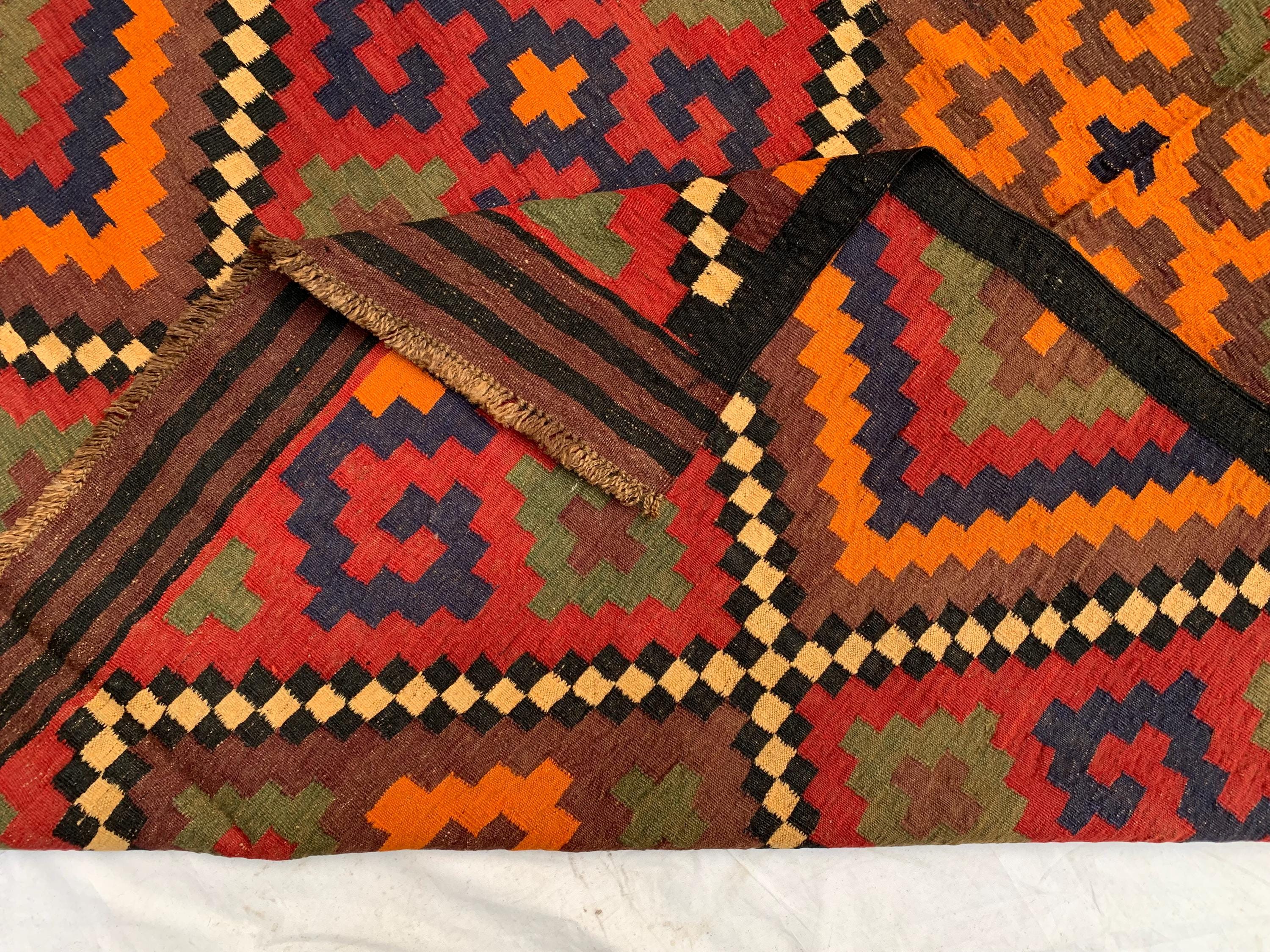 Vintage Kilim Rug 10.1x5.3 ft – Handwoven Wool Area Rug, Boho Tribal Carpet, Geometric Flatweave Runner, Red and Burnt Orange Turkmen Kilim
