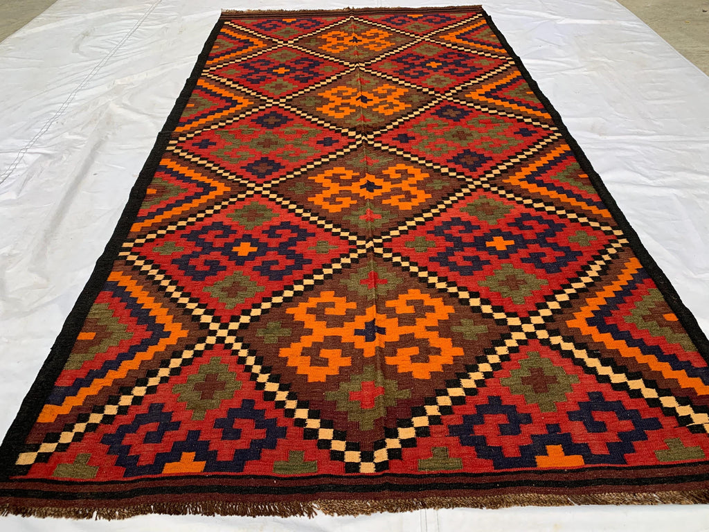 Vintage Kilim Rug 10.1x5.3 ft – Handwoven Wool Area Rug, Boho Tribal Carpet, Geometric Flatweave Runner, Red and Burnt Orange Turkmen Kilim