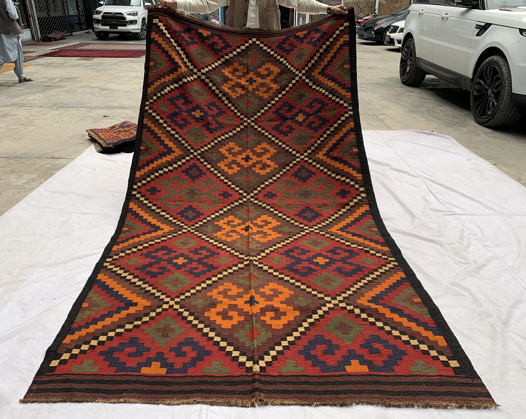 Vintage Kilim Rug 10.1x5.3 ft – Handwoven Wool Area Rug, Boho Tribal Carpet, Geometric Flatweave Runner, Red and Burnt Orange Turkmen Kilim