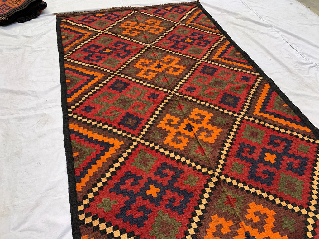 Vintage Kilim Rug 10.1x5.3 ft – Handwoven Wool Area Rug, Boho Tribal Carpet, Geometric Flatweave Runner, Red and Burnt Orange Turkmen Kilim