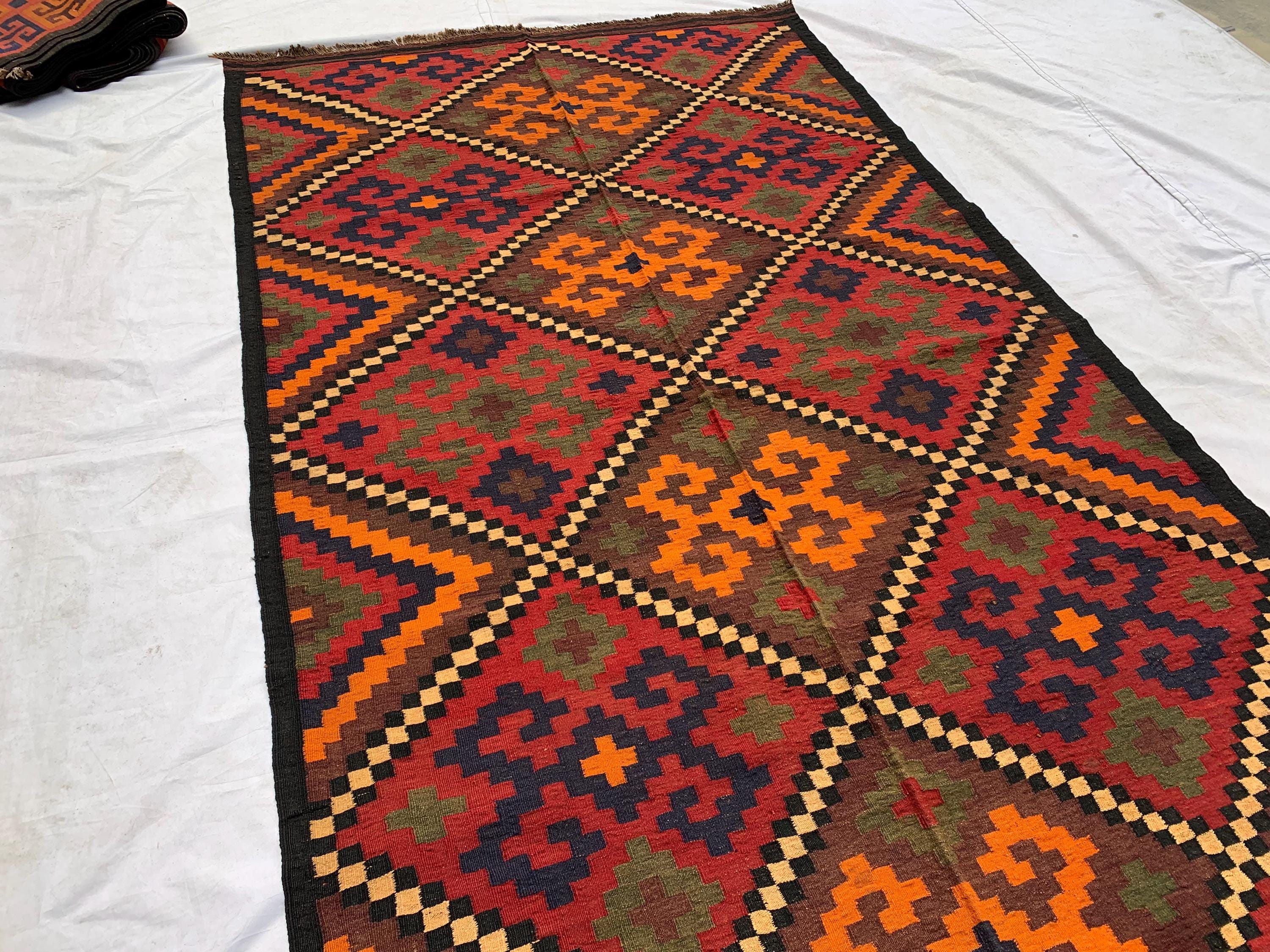 Vintage Kilim Rug 10.1x5.3 ft – Handwoven Wool Area Rug, Boho Tribal Carpet, Geometric Flatweave Runner, Red and Burnt Orange Turkmen Kilim