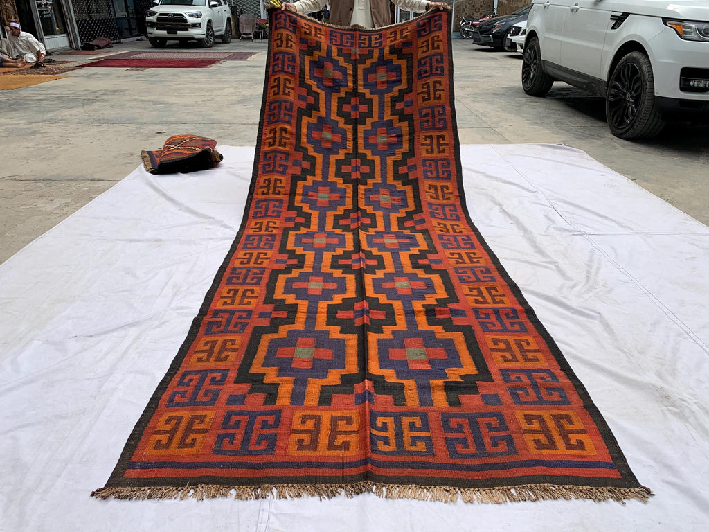 4'3x11'4ft, Vintage Kilim Rug – Handwoven Wool Area Rug, Boho Tribal Carpet, Geometric Flatweave Runner, red burnt orange Turkmen Kilim