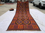 4'3x11'4ft, Vintage Kilim Rug – Handwoven Wool Area Rug, Boho Tribal Carpet, Geometric Flatweave Runner, red burnt orange Turkmen Kilim