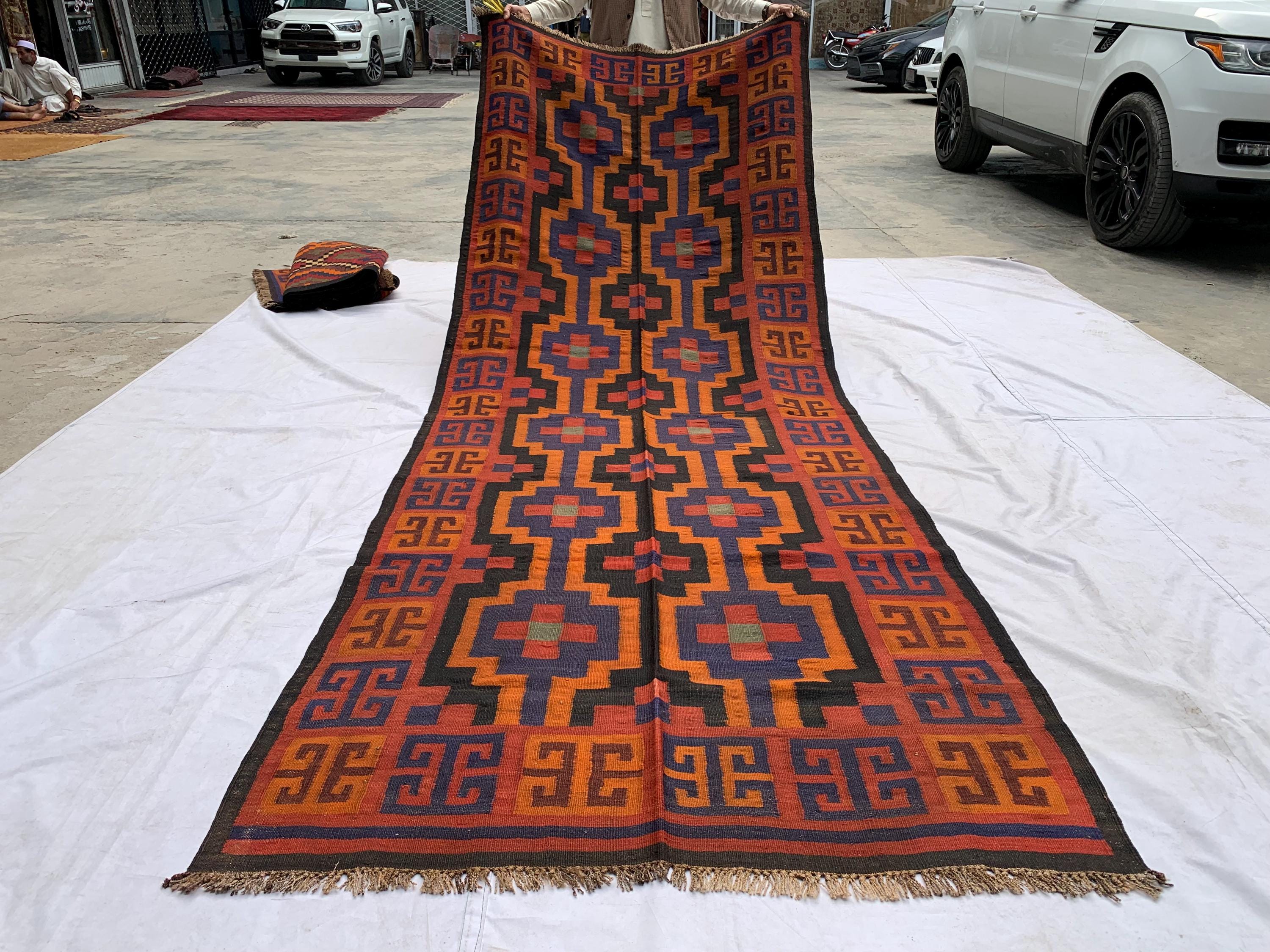 4'3x11'4ft, Vintage Kilim Rug – Handwoven Wool Area Rug, Boho Tribal Carpet, Geometric Flatweave Runner, red burnt orange Turkmen Kilim