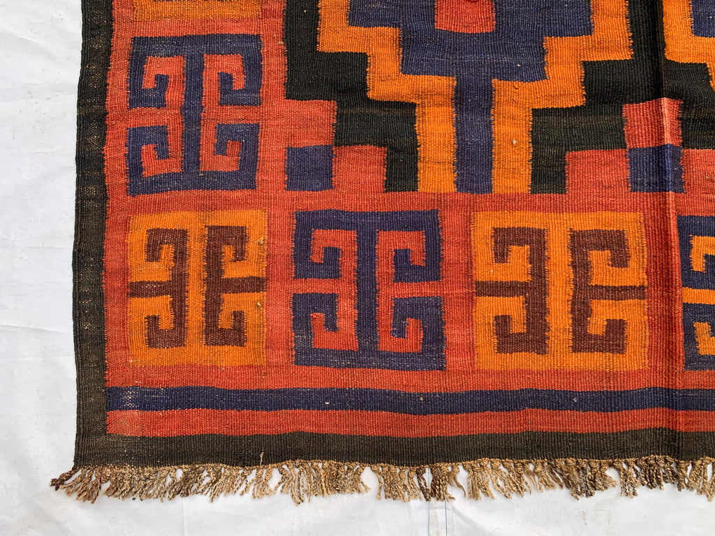 4'3x11'4ft, Vintage Kilim Rug – Handwoven Wool Area Rug, Boho Tribal Carpet, Geometric Flatweave Runner, red burnt orange Turkmen Kilim