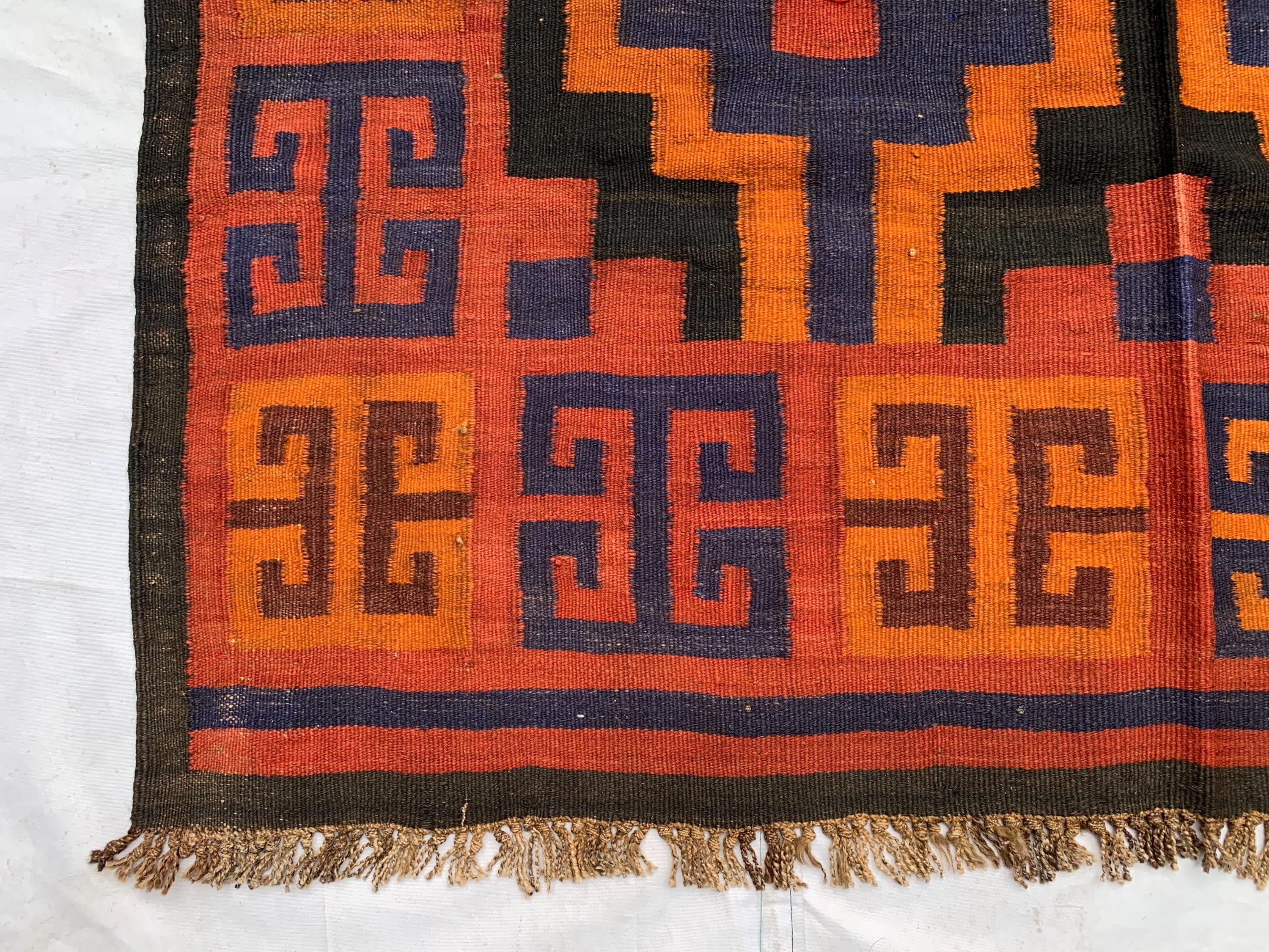 4'3x11'4ft, Vintage Kilim Rug – Handwoven Wool Area Rug, Boho Tribal Carpet, Geometric Flatweave Runner, red burnt orange Turkmen Kilim