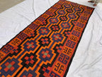 4'3x11'4ft, Vintage Kilim Rug – Handwoven Wool Area Rug, Boho Tribal Carpet, Geometric Flatweave Runner, red burnt orange Turkmen Kilim