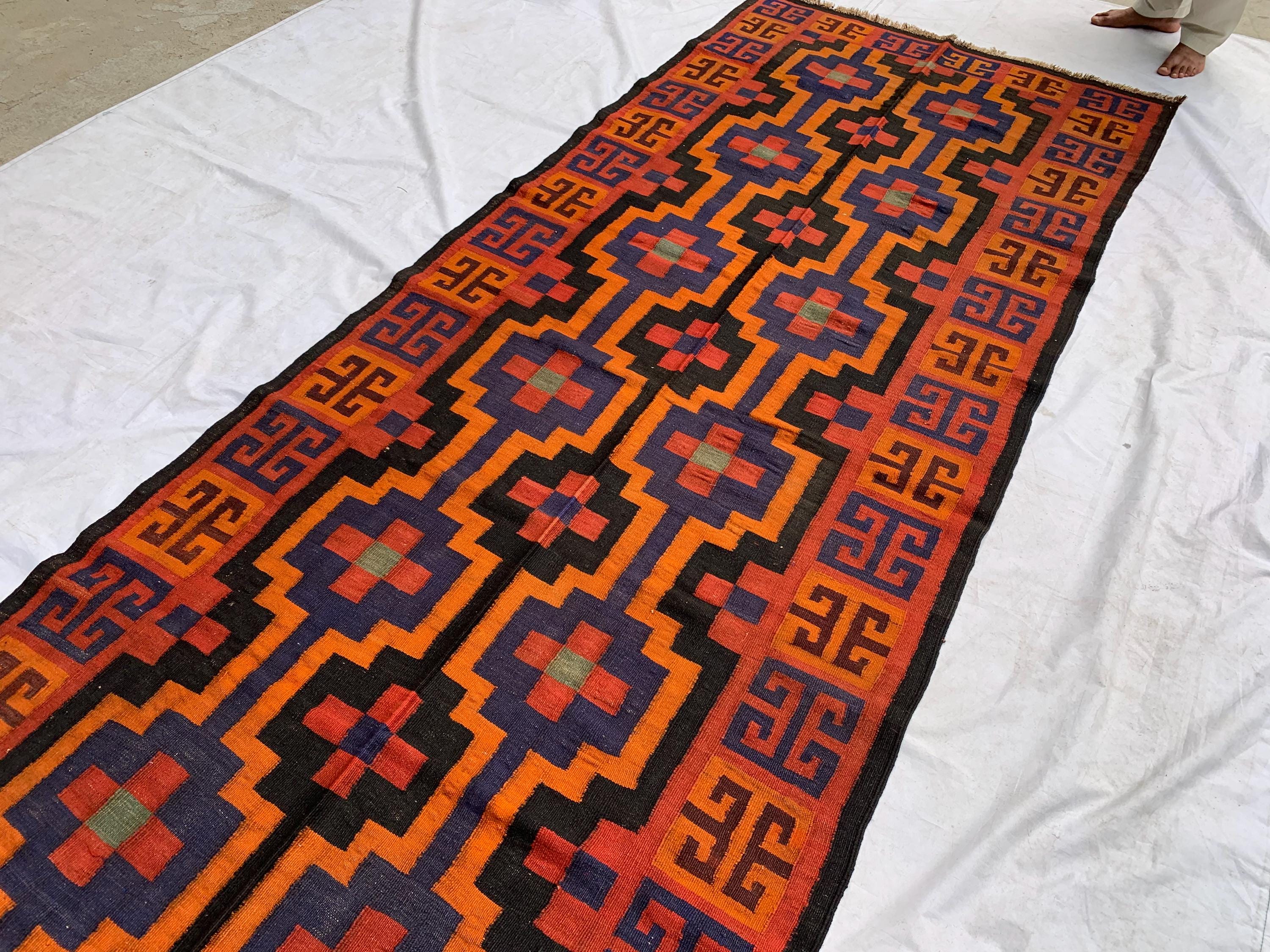 4'3x11'4ft, Vintage Kilim Rug – Handwoven Wool Area Rug, Boho Tribal Carpet, Geometric Flatweave Runner, red burnt orange Turkmen Kilim