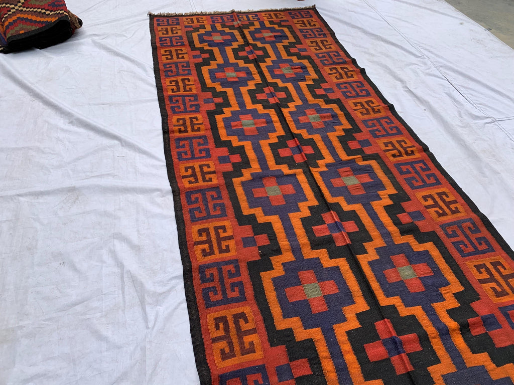 4'3x11'4ft, Vintage Kilim Rug – Handwoven Wool Area Rug, Boho Tribal Carpet, Geometric Flatweave Runner, red burnt orange Turkmen Kilim
