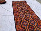 4'3x11'4ft, Vintage Kilim Rug – Handwoven Wool Area Rug, Boho Tribal Carpet, Geometric Flatweave Runner, red burnt orange Turkmen Kilim