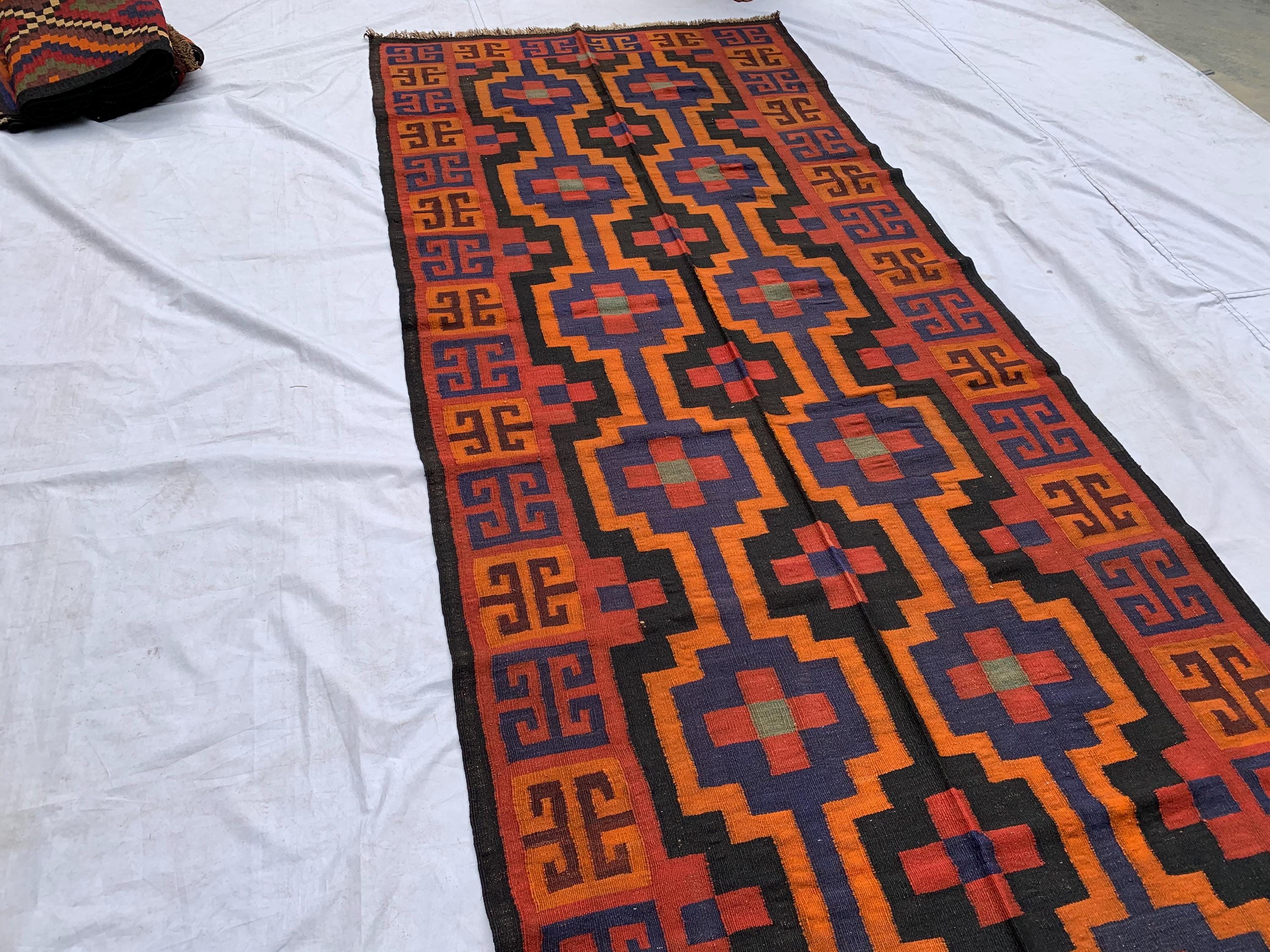 4'3x11'4ft, Vintage Kilim Rug – Handwoven Wool Area Rug, Boho Tribal Carpet, Geometric Flatweave Runner, red burnt orange Turkmen Kilim