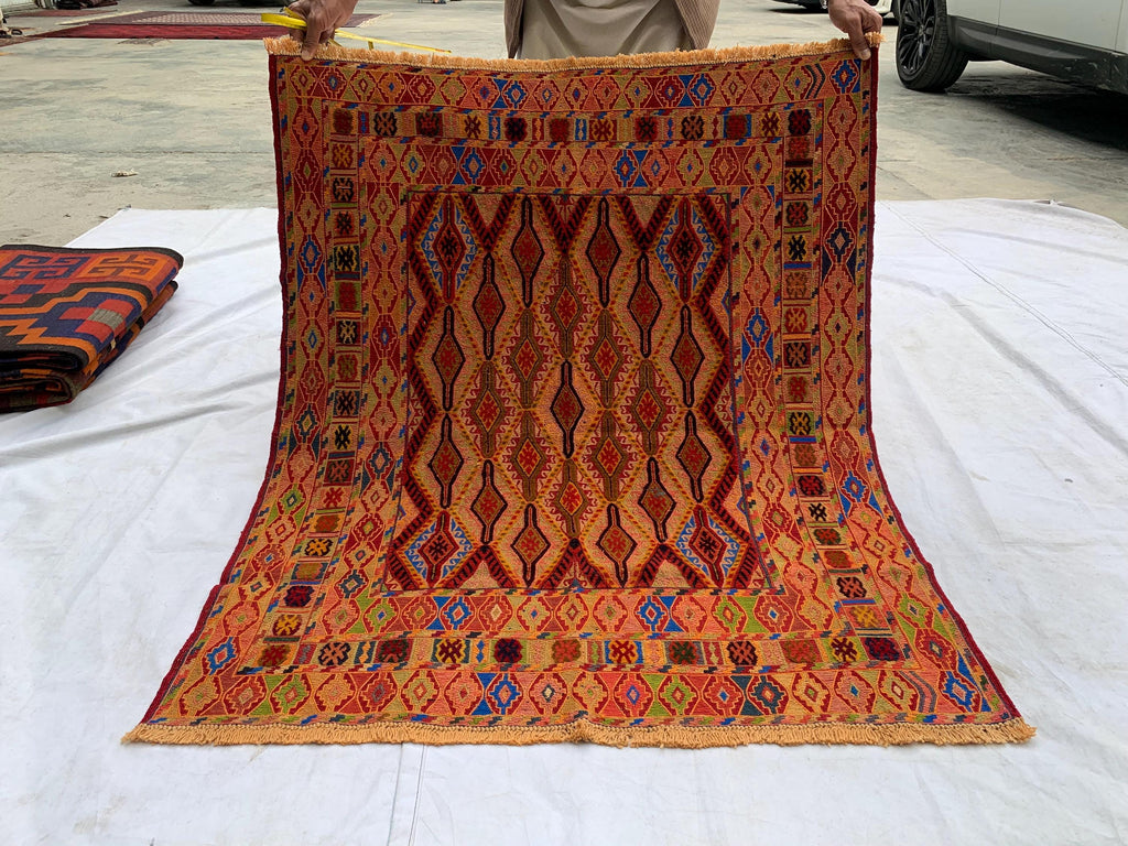 Vintage Herati Kilim Rug 3'5x4'2ft – Handwoven Wool Wall Hanging, Tribal Flatweave Rug, Boho Accent Carpet, Persian Small Decor 130x107cm