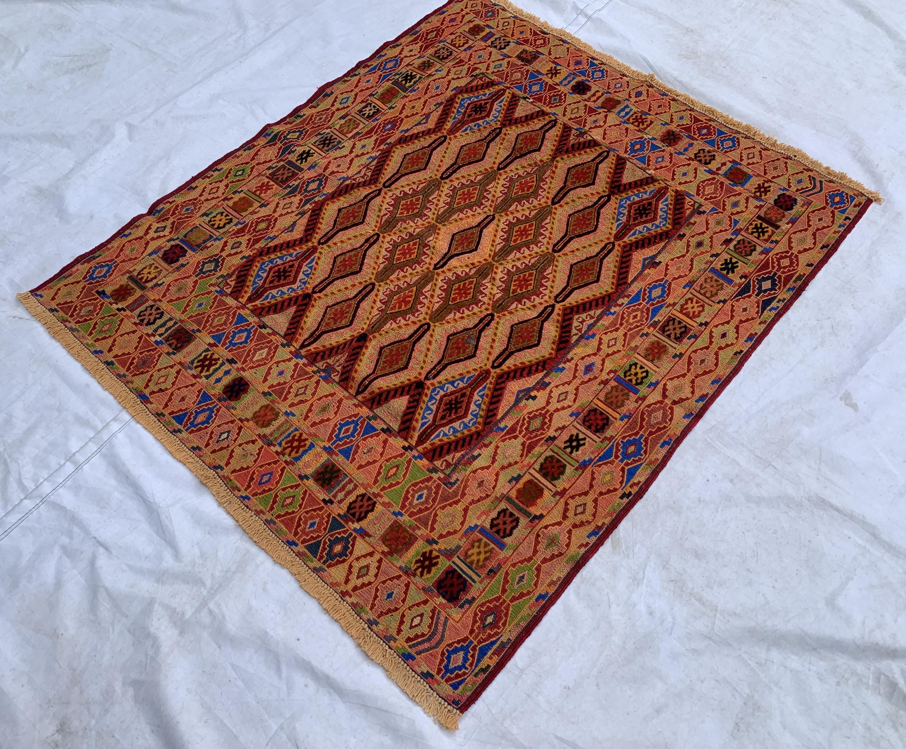 Vintage Herati Kilim Rug 3'5x4'2ft – Handwoven Wool Wall Hanging, Tribal Flatweave Rug, Boho Accent Carpet, Persian Small Decor 130x107cm