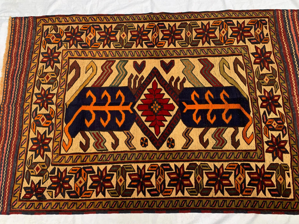 4x6ft, Vintage Baluchi Rug – Turkmen Handwoven Wool Tribal Area Rug, Persian Nomadic Carpet, Boho Decor, Geometric Oriental Rug, Bedroom Rug