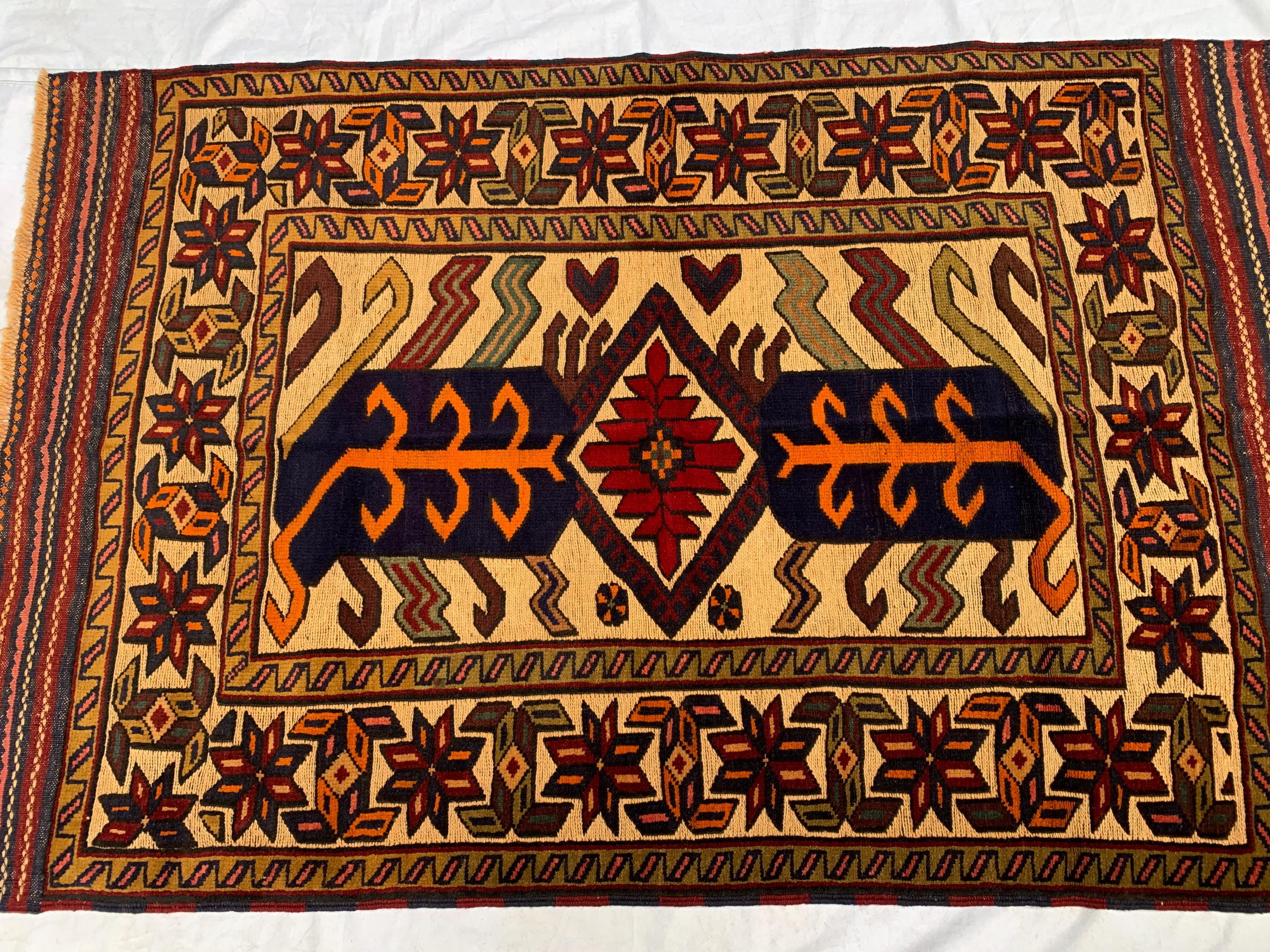 4x6ft, Vintage Baluchi Rug – Turkmen Handwoven Wool Tribal Area Rug, Persian Nomadic Carpet, Boho Decor, Geometric Oriental Rug, Bedroom Rug