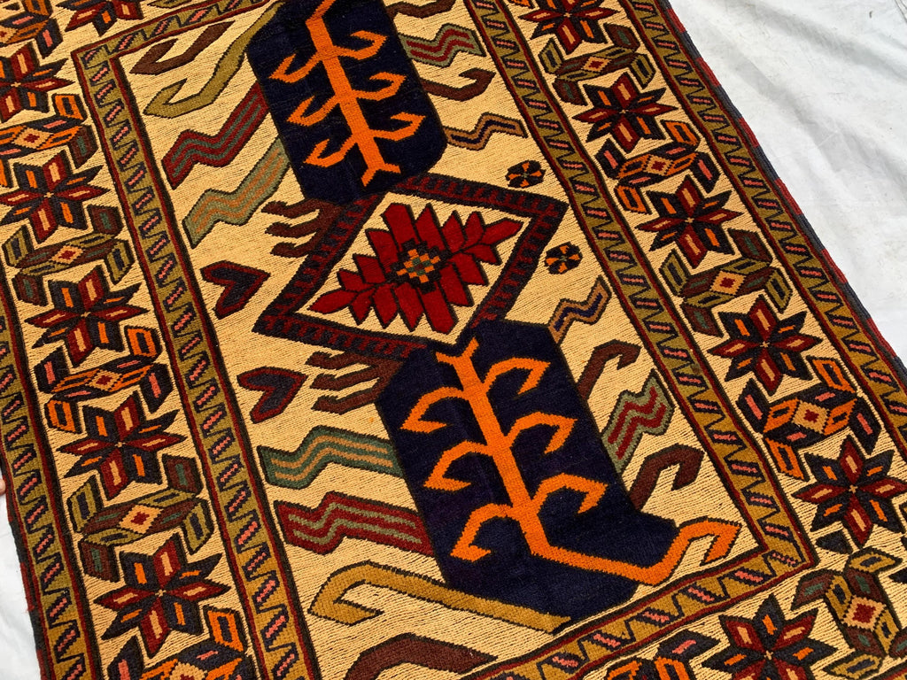 4x6ft, Vintage Baluchi Rug – Turkmen Handwoven Wool Tribal Area Rug, Persian Nomadic Carpet, Boho Decor, Geometric Oriental Rug, Bedroom Rug