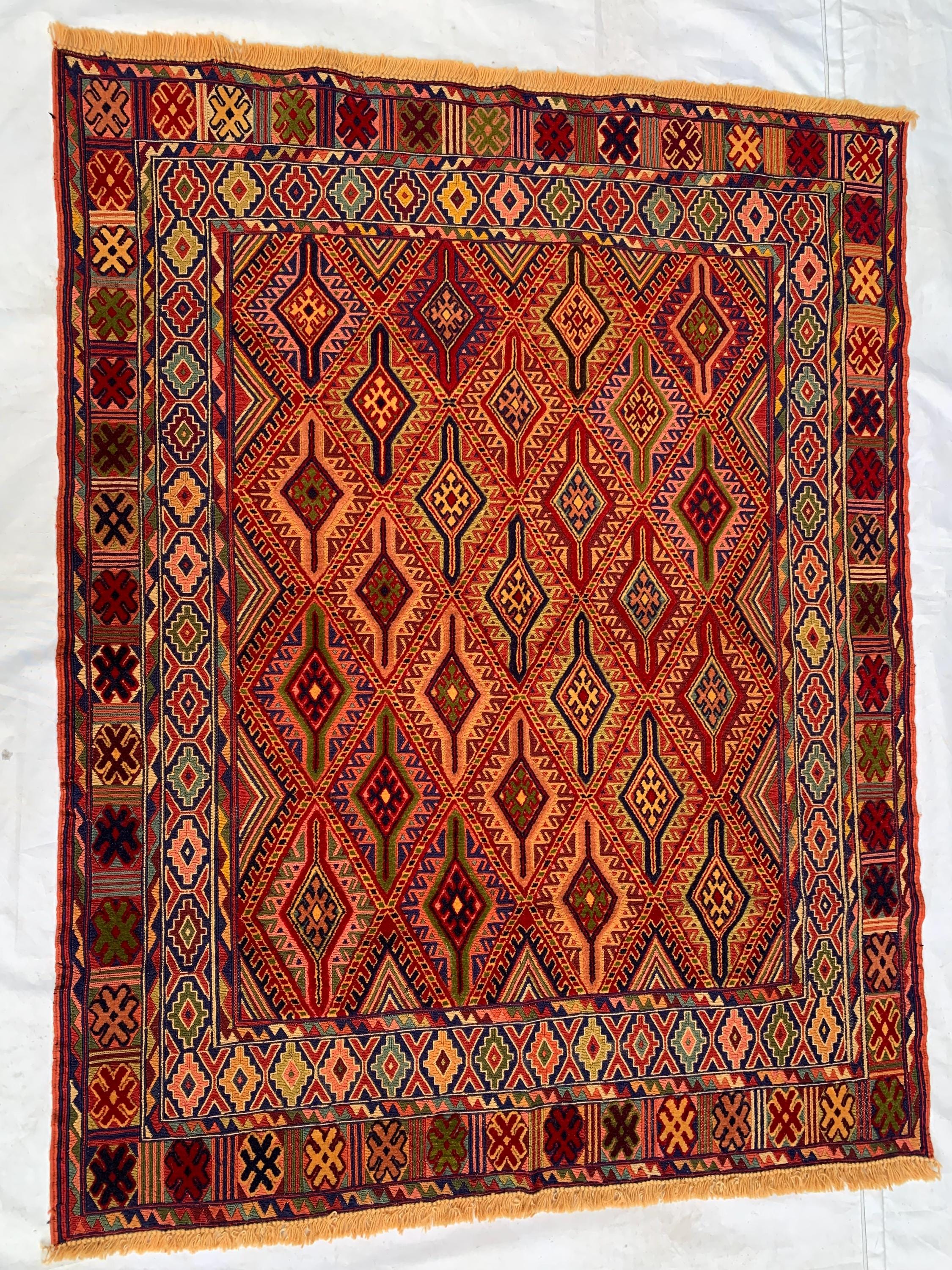 3x5 Vintage Kilim Rug – Red Orange Geometric Wool Rug, Handwoven Tribal Carpet, Boho Wall Hanging or Accent Rug, Southwest Decor 145x113cm