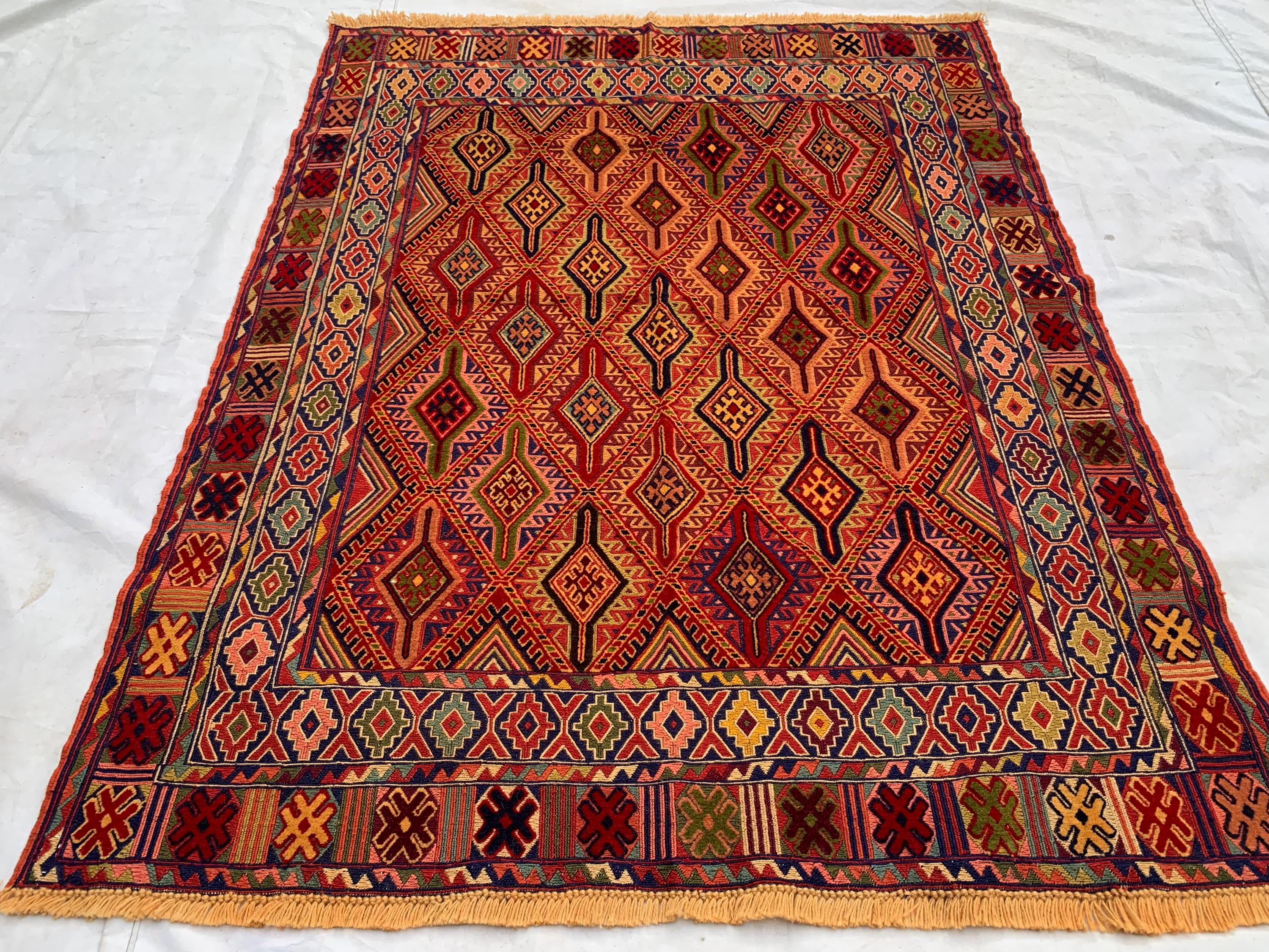 3x5 Vintage Kilim Rug – Red Orange Geometric Wool Rug, Handwoven Tribal Carpet, Boho Wall Hanging or Accent Rug, Southwest Decor 145x113cm