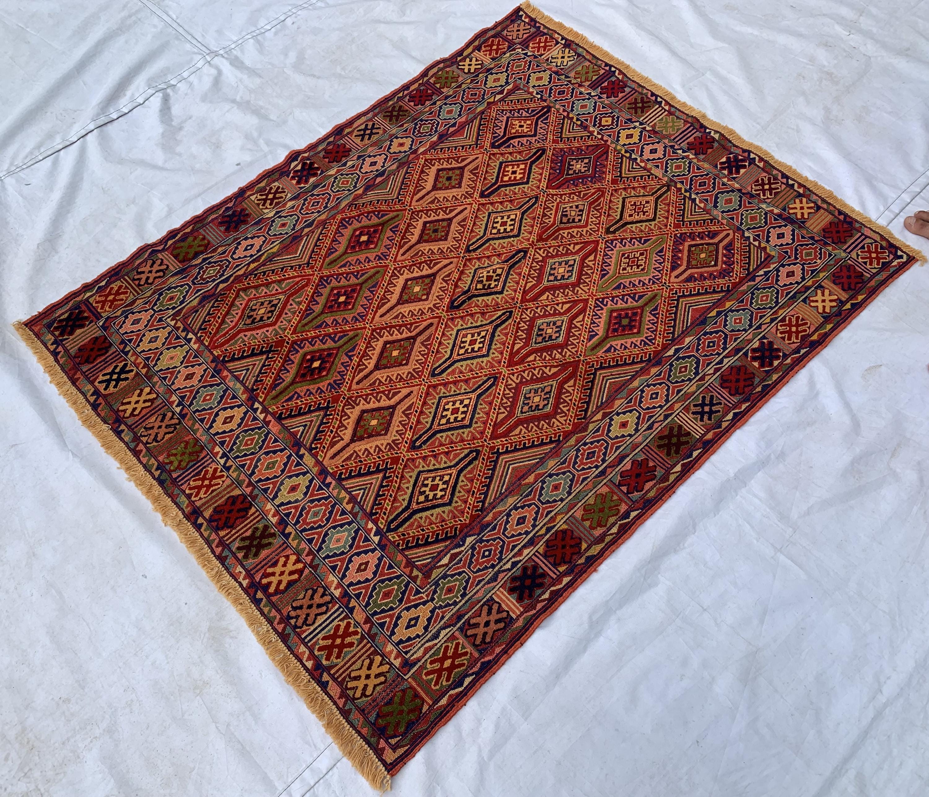 3x5 Vintage Kilim Rug – Red Orange Geometric Wool Rug, Handwoven Tribal Carpet, Boho Wall Hanging or Accent Rug, Southwest Decor 145x113cm