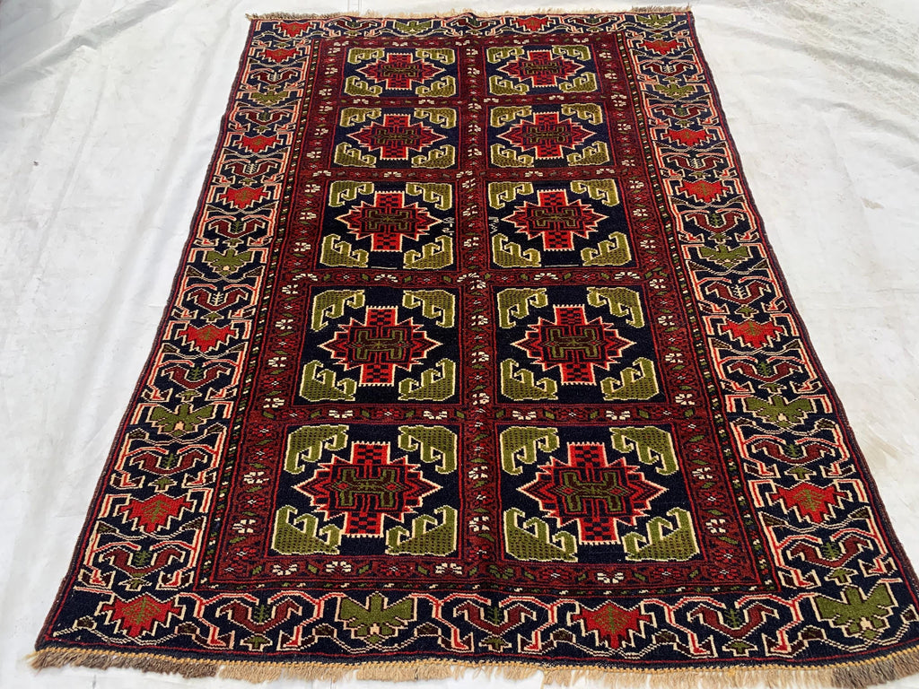 Antique Baluchi Rug 4'5x3'3ft –Red Green Handwoven Wool Tribal Rug, Persian Nomadic Carpet, Small Area Rug, Boho Home Decor, Collectible Rug