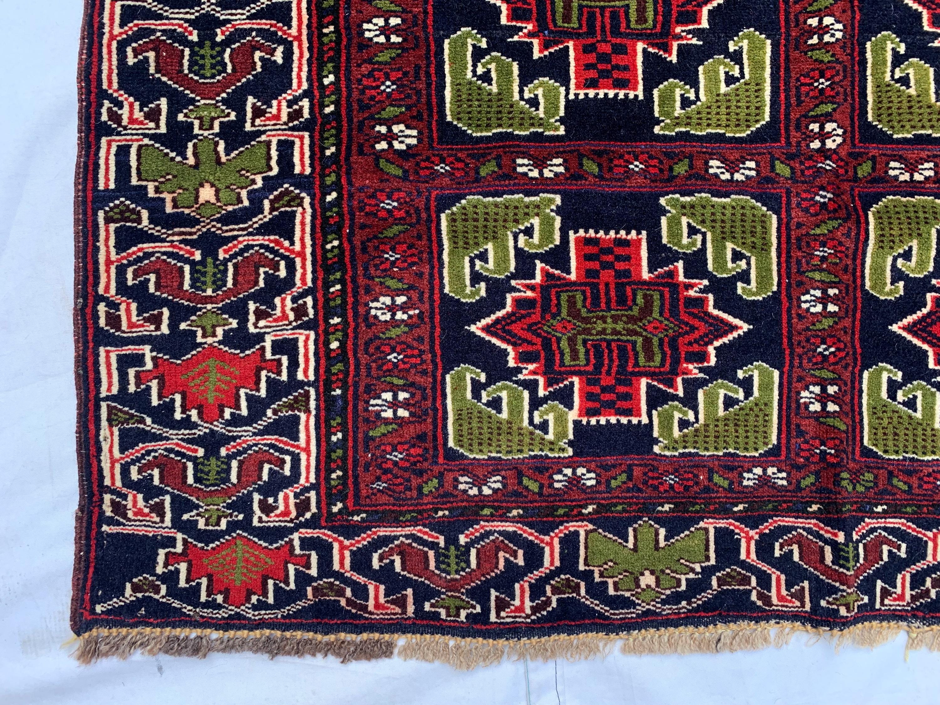 Antique Baluchi Rug 4'5x3'3ft –Red Green Handwoven Wool Tribal Rug, Persian Nomadic Carpet, Small Area Rug, Boho Home Decor, Collectible Rug