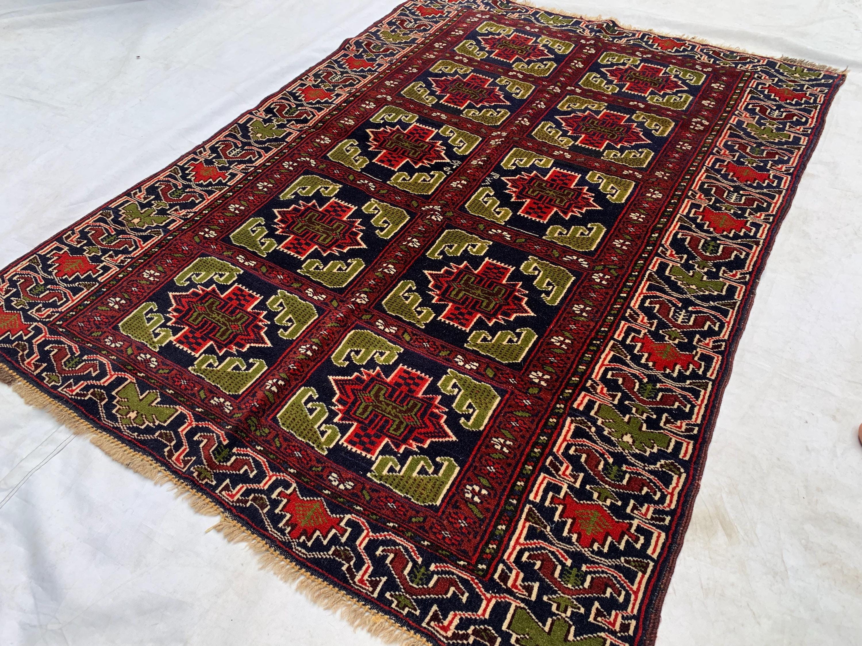 Antique Baluchi Rug 4'5x3'3ft –Red Green Handwoven Wool Tribal Rug, Persian Nomadic Carpet, Small Area Rug, Boho Home Decor, Collectible Rug