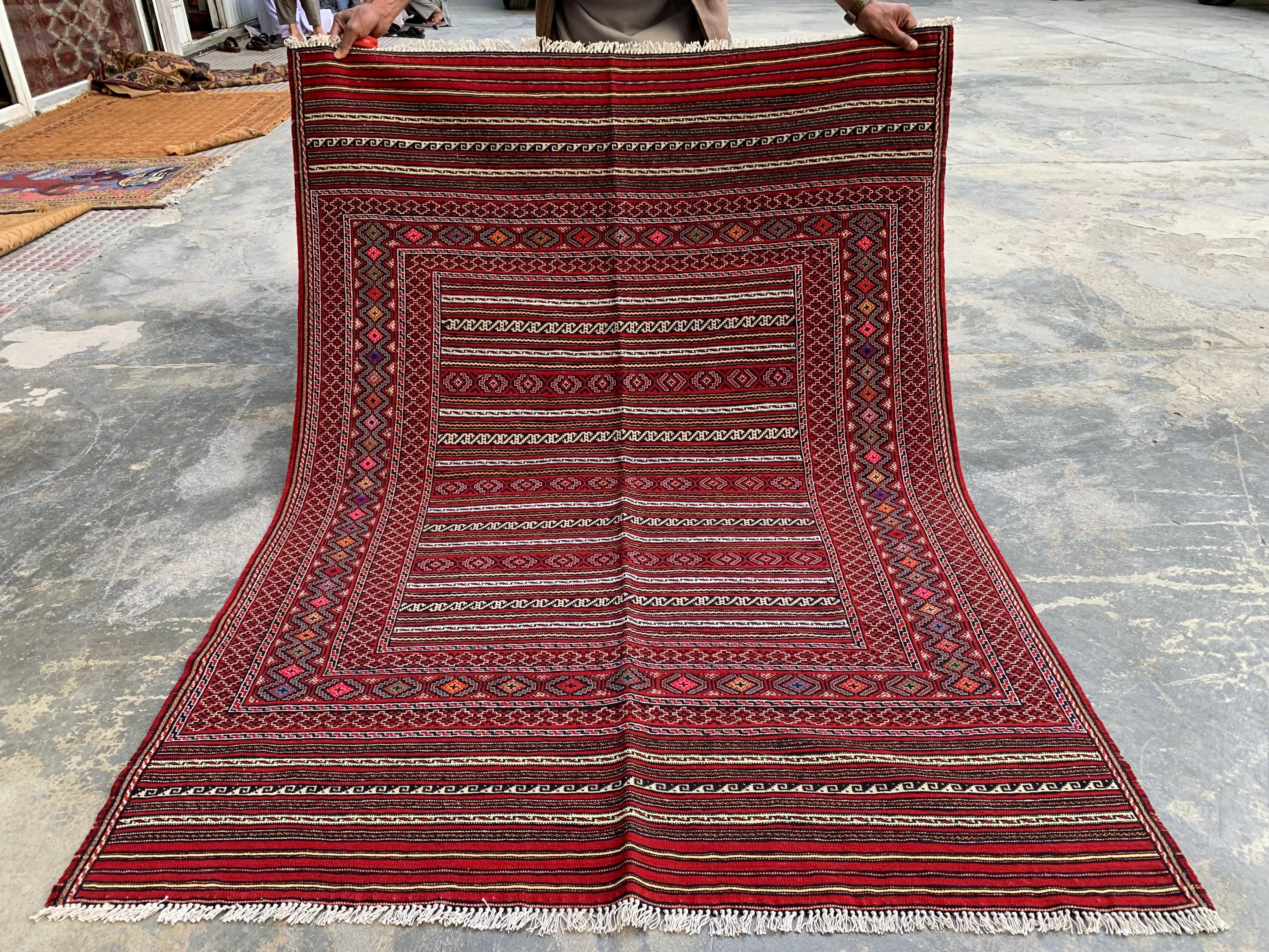 4x6 ft Afghan Kilim Rug – Handwoven Wool Tribal Carpet, Red Geometric Flatweave, Boho Nomadic Floor Mat, Vintage Ethnic Home Decor 188x136cm