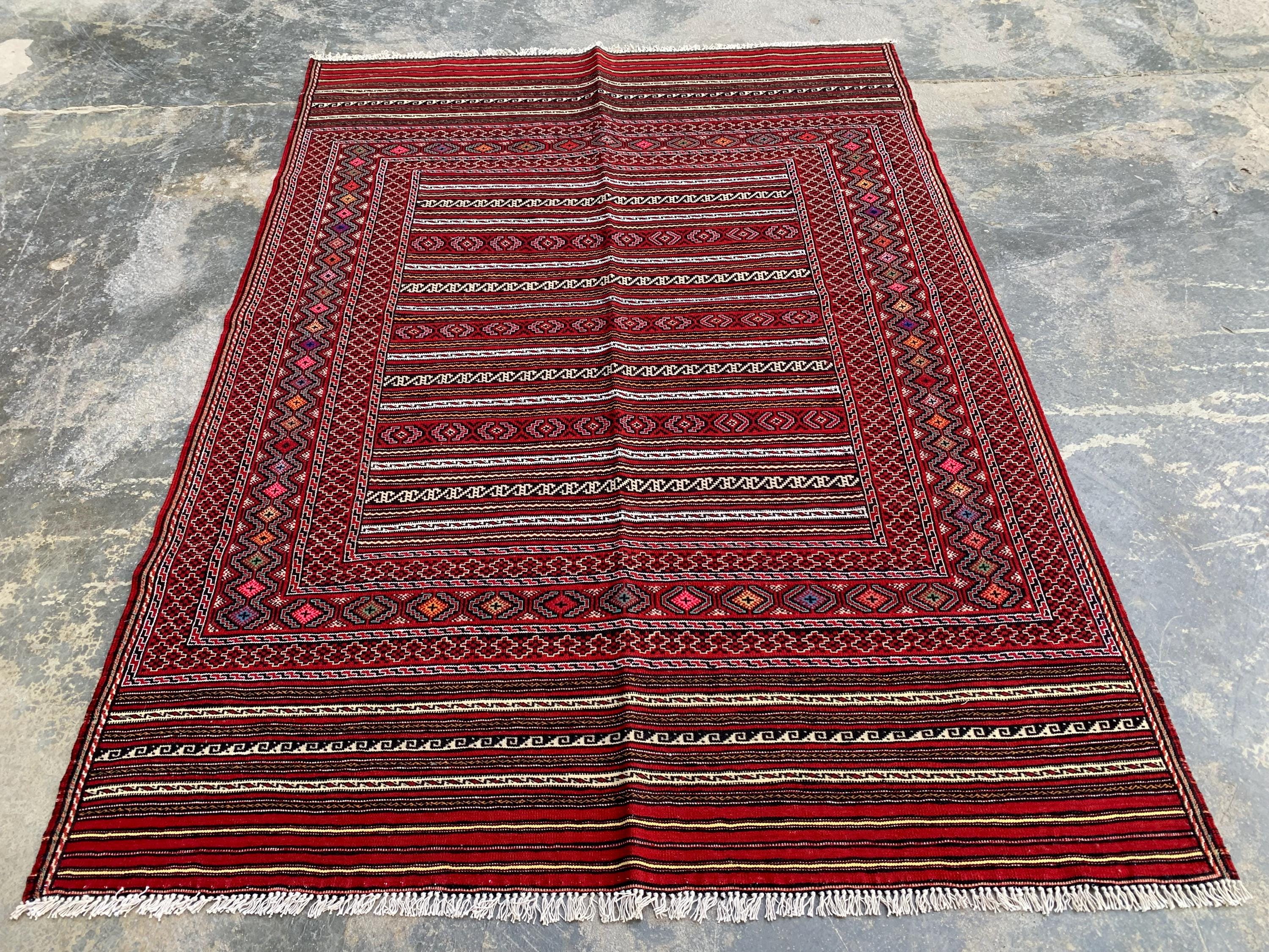 4x6 ft Afghan Kilim Rug – Handwoven Wool Tribal Carpet, Red Geometric Flatweave, Boho Nomadic Floor Mat, Vintage Ethnic Home Decor 188x136cm