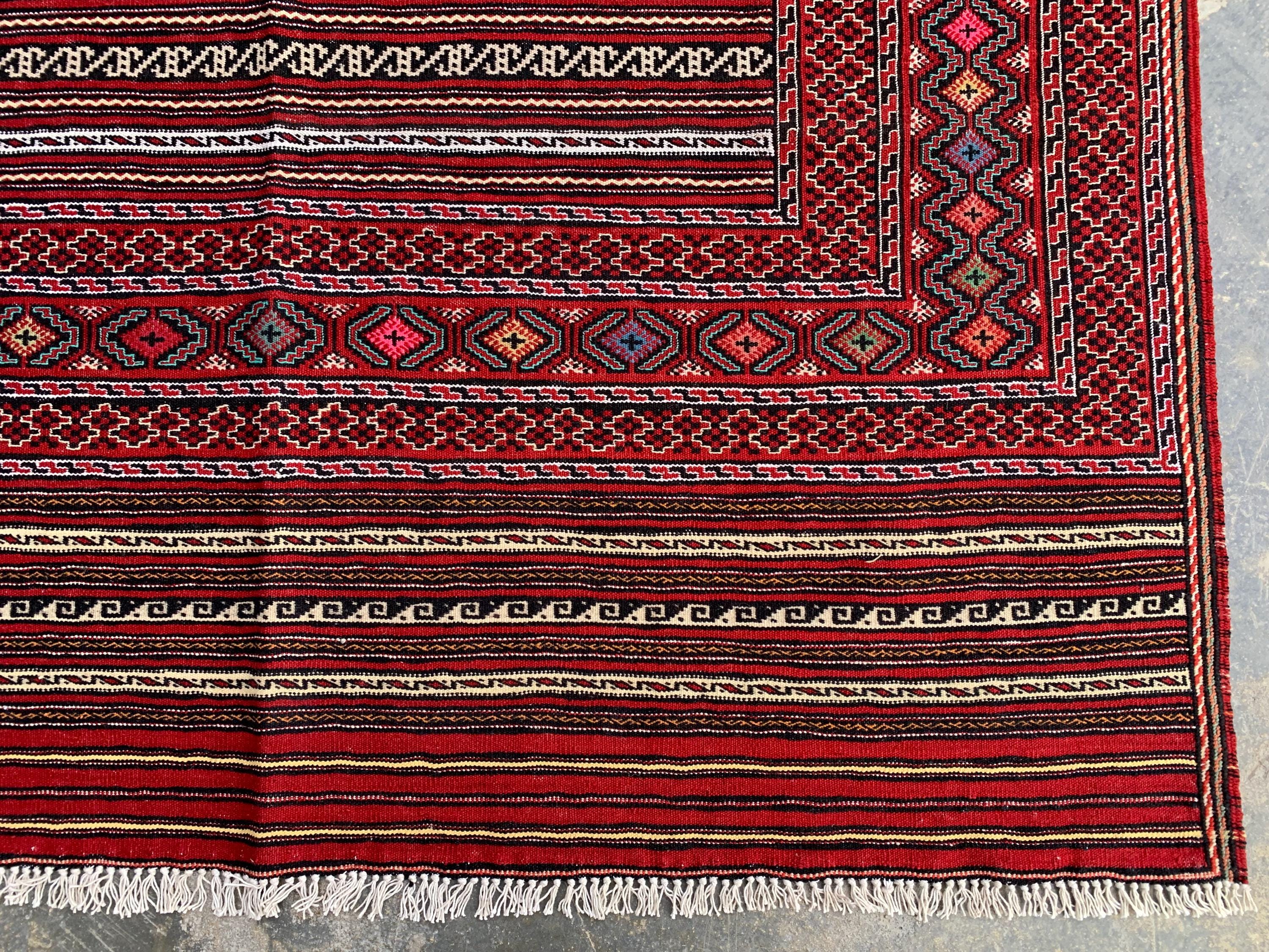 4x6 ft Afghan Kilim Rug – Handwoven Wool Tribal Carpet, Red Geometric Flatweave, Boho Nomadic Floor Mat, Vintage Ethnic Home Decor 188x136cm