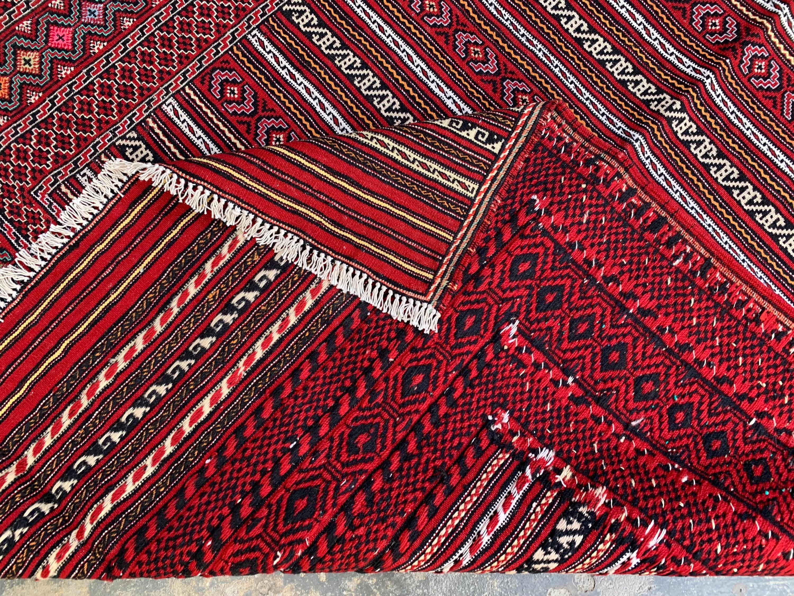 4x6 ft Afghan Kilim Rug – Handwoven Wool Tribal Carpet, Red Geometric Flatweave, Boho Nomadic Floor Mat, Vintage Ethnic Home Decor 188x136cm