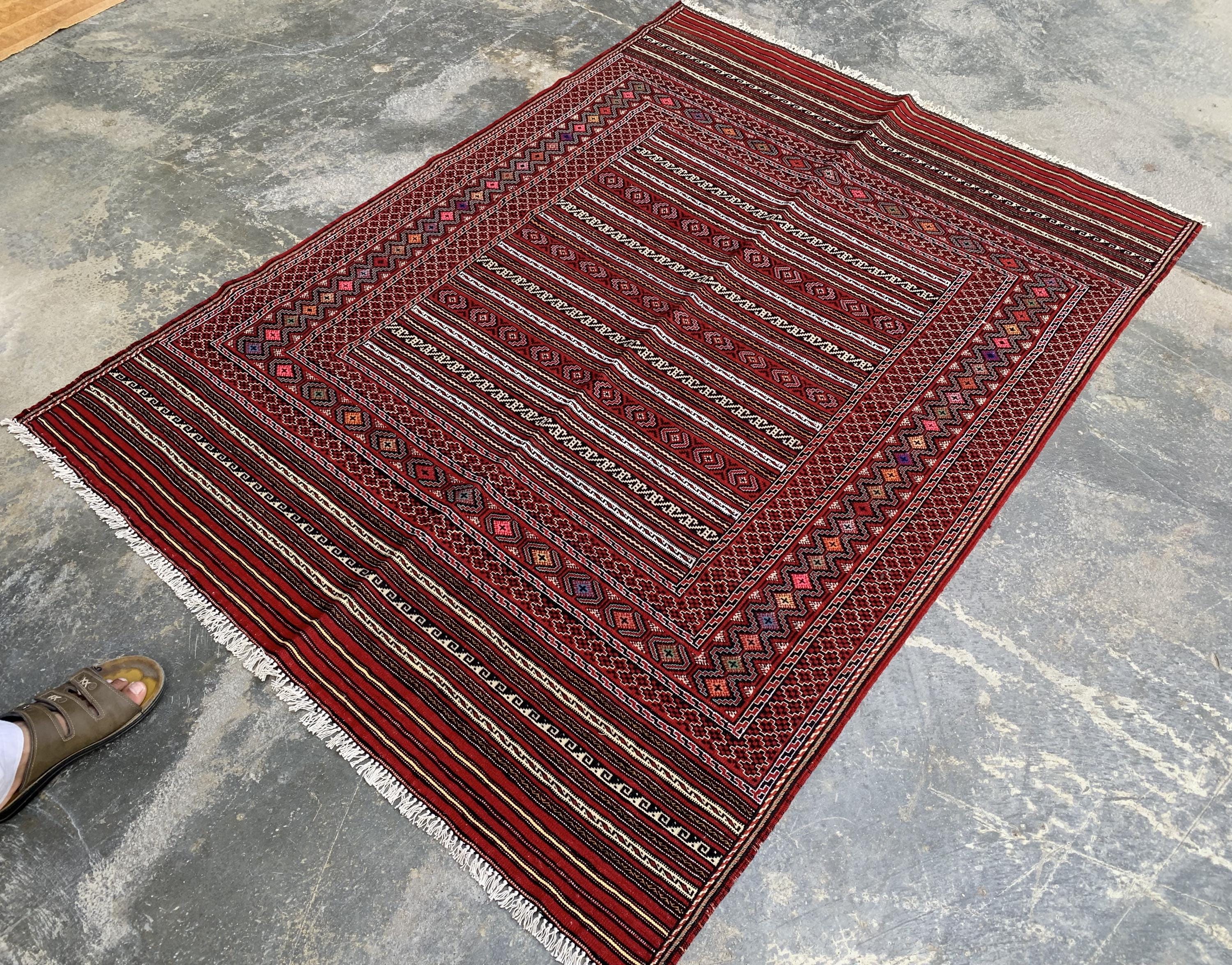 4x6 ft Afghan Kilim Rug – Handwoven Wool Tribal Carpet, Red Geometric Flatweave, Boho Nomadic Floor Mat, Vintage Ethnic Home Decor 188x136cm