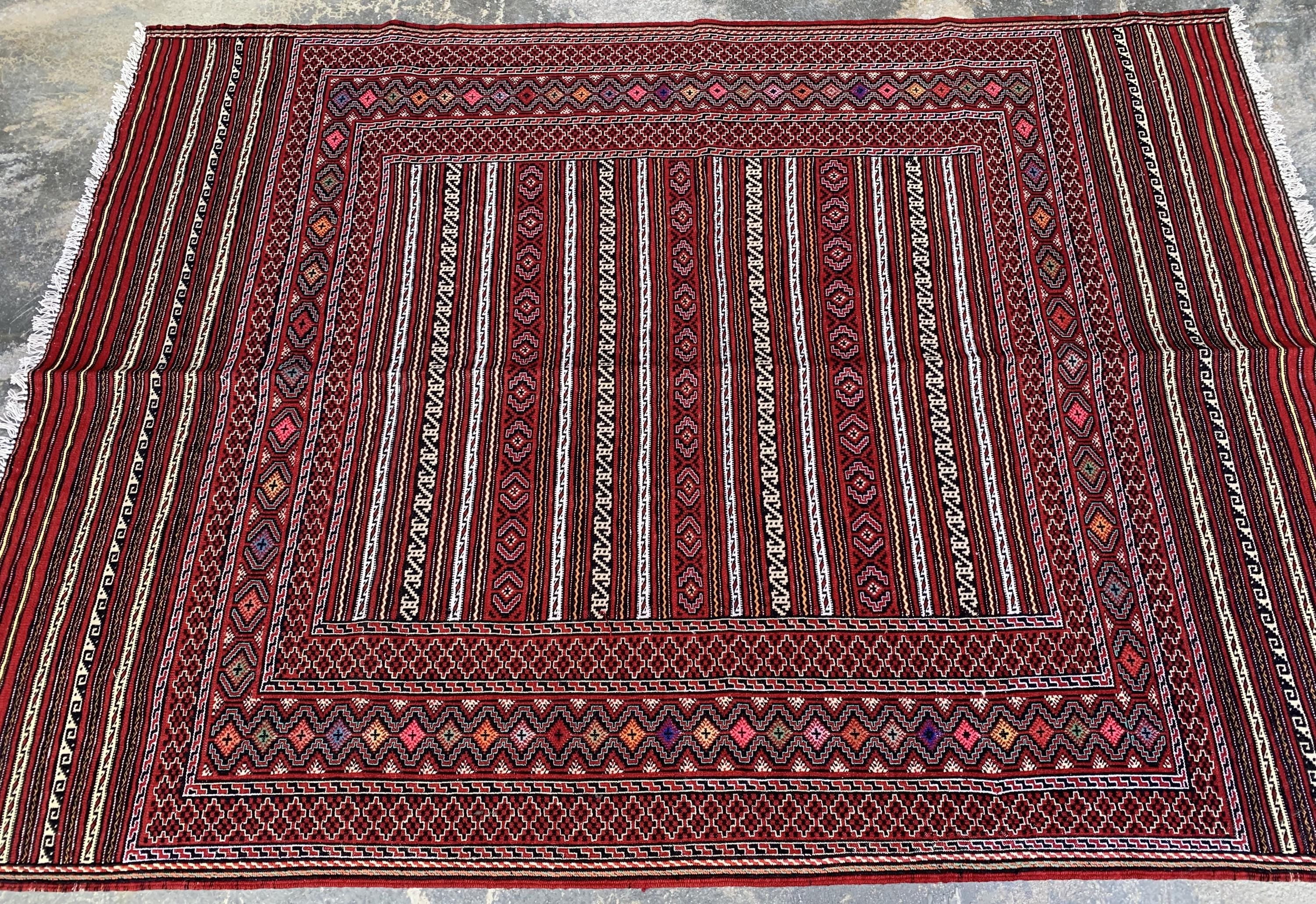 4x6 ft Afghan Kilim Rug – Handwoven Wool Tribal Carpet, Red Geometric Flatweave, Boho Nomadic Floor Mat, Vintage Ethnic Home Decor 188x136cm