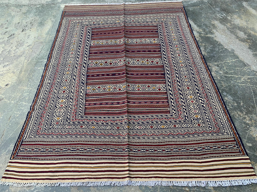 4x6 ft Handwoven Afghan Kilim Rug – Tribal Wool Flatweave Carpet, Cream & Burgundy Geometric Pattern, Boho Nomadic Area Rug, Ethnic Decor