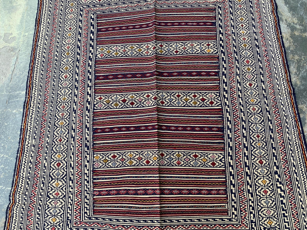 4x6 ft Handwoven Afghan Kilim Rug – Tribal Wool Flatweave Carpet, Cream & Burgundy Geometric Pattern, Boho Nomadic Area Rug, Ethnic Decor
