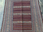 4x6 ft Handwoven Afghan Kilim Rug – Tribal Wool Flatweave Carpet, Cream & Burgundy Geometric Pattern, Boho Nomadic Area Rug, Ethnic Decor