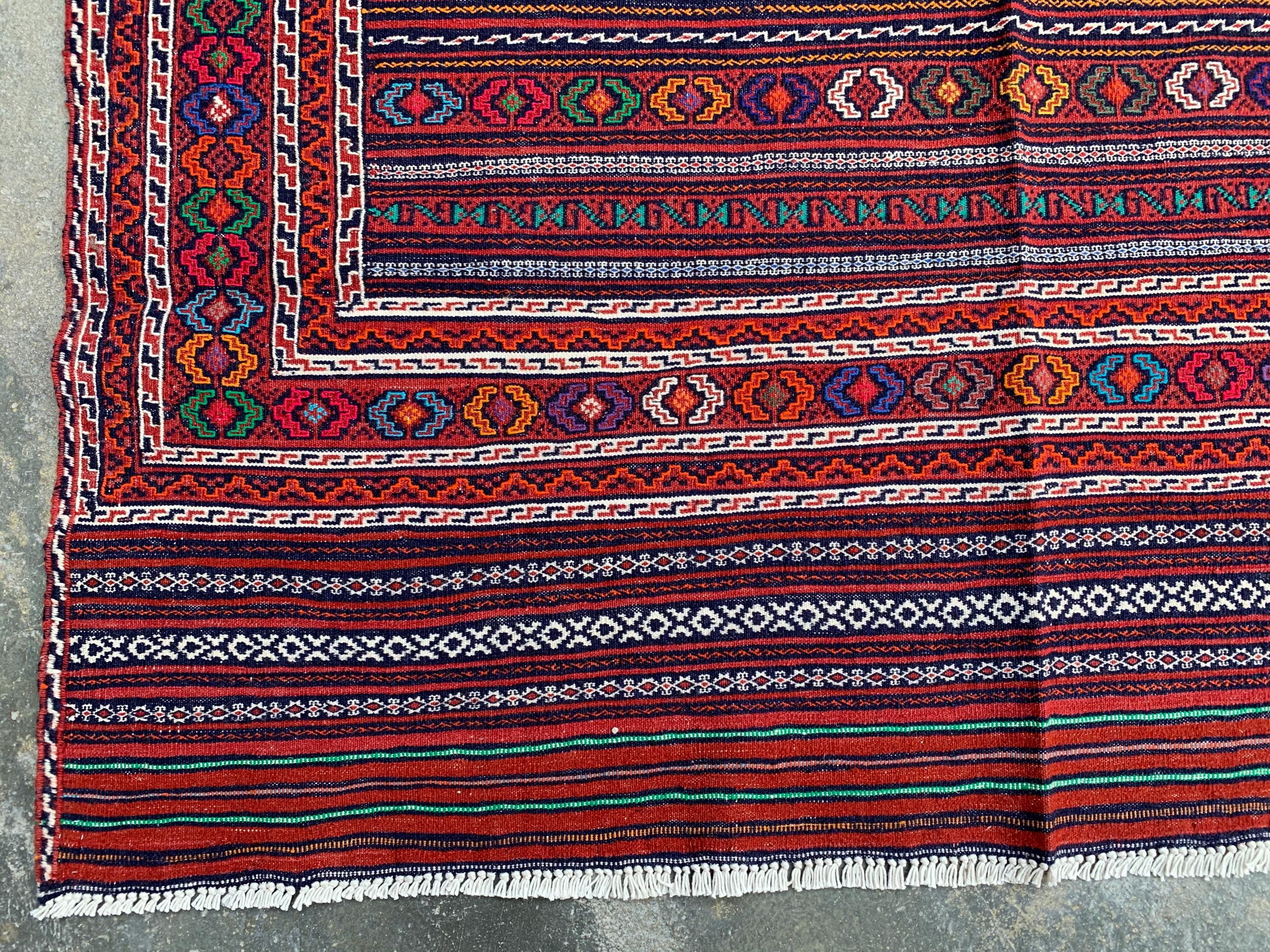 Afghan Kilim Rug 4x6ft – Handwoven Wool Tribal Carpet, Red Geometric Flatweave, Boho Nomadic Floor Mat, Vintage Ethnic Home Decor 184x140 cm