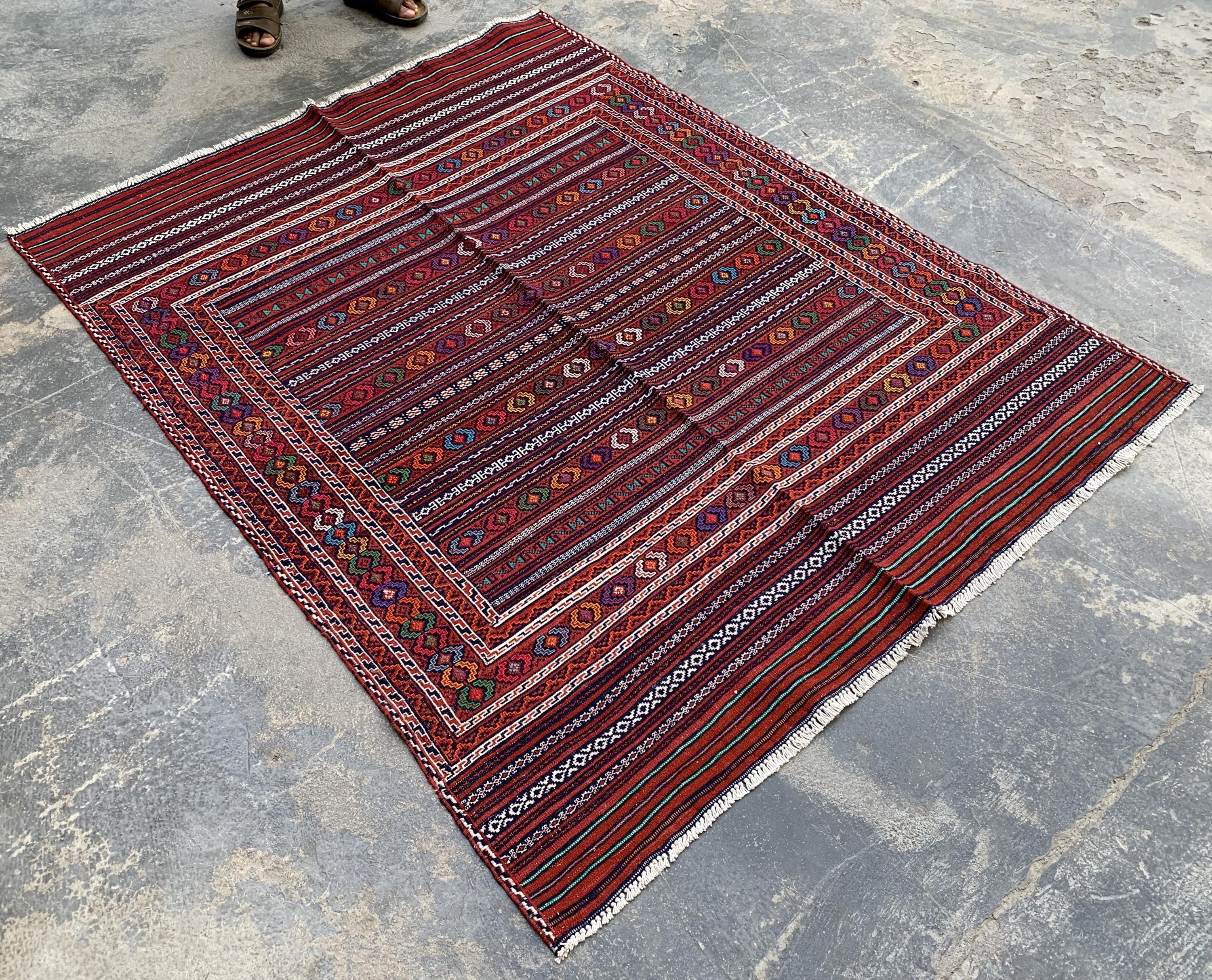 Afghan Kilim Rug 4x6ft – Handwoven Wool Tribal Carpet, Red Geometric Flatweave, Boho Nomadic Floor Mat, Vintage Ethnic Home Decor 184x140 cm